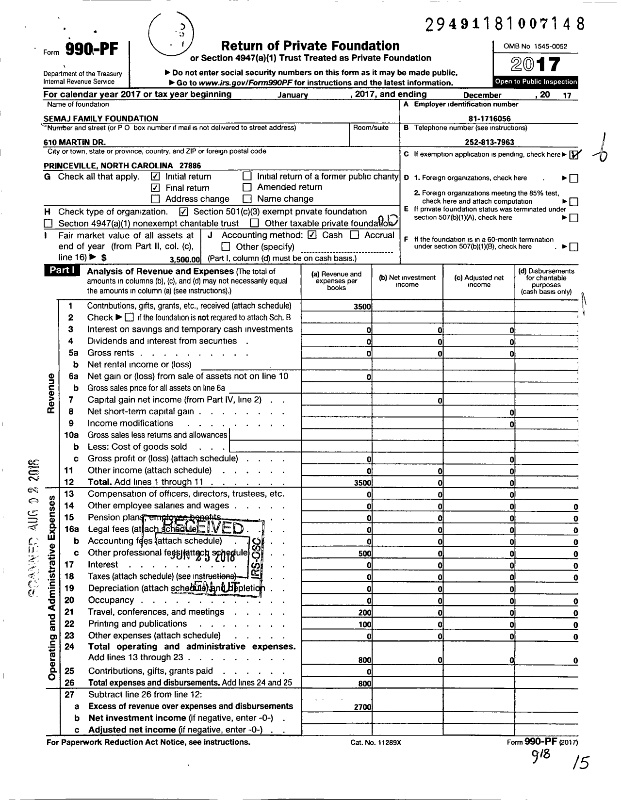 Image of first page of 2017 Form 990PF for Semaj Family Foundation