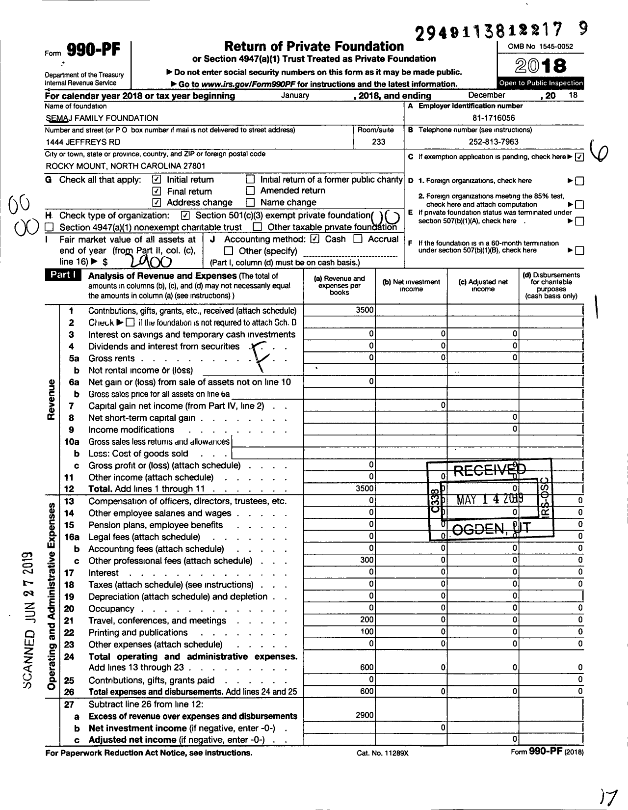 Image of first page of 2018 Form 990PF for Semaj Family Foundation