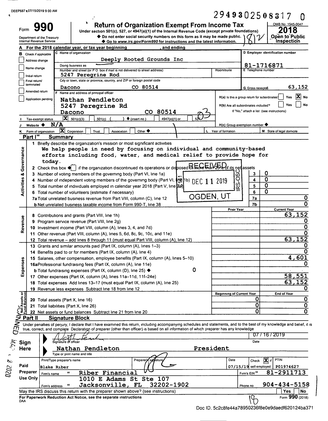 Image of first page of 2018 Form 990 for Deeply Rooted Grounds