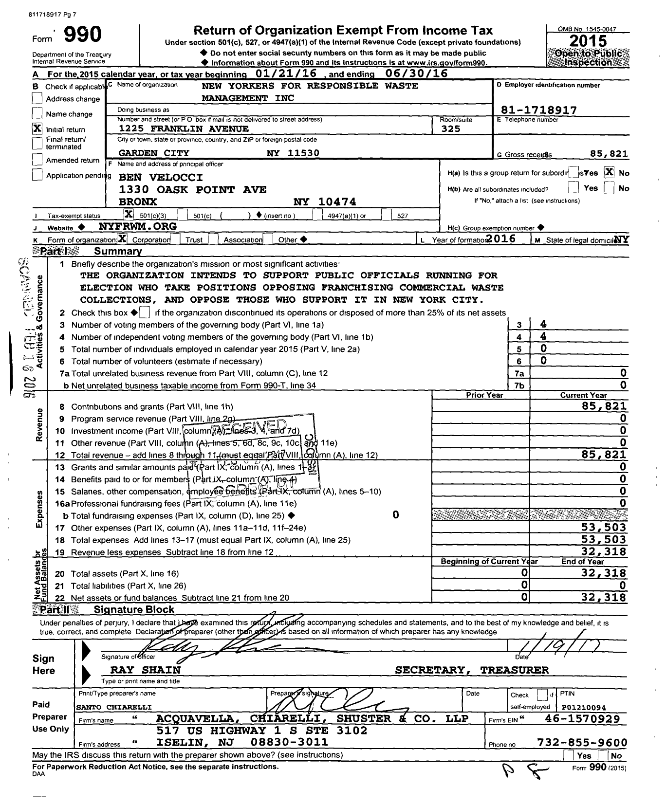 Image of first page of 2015 Form 990 for New Yorkers for Responsible Waste MANAGEMENT
