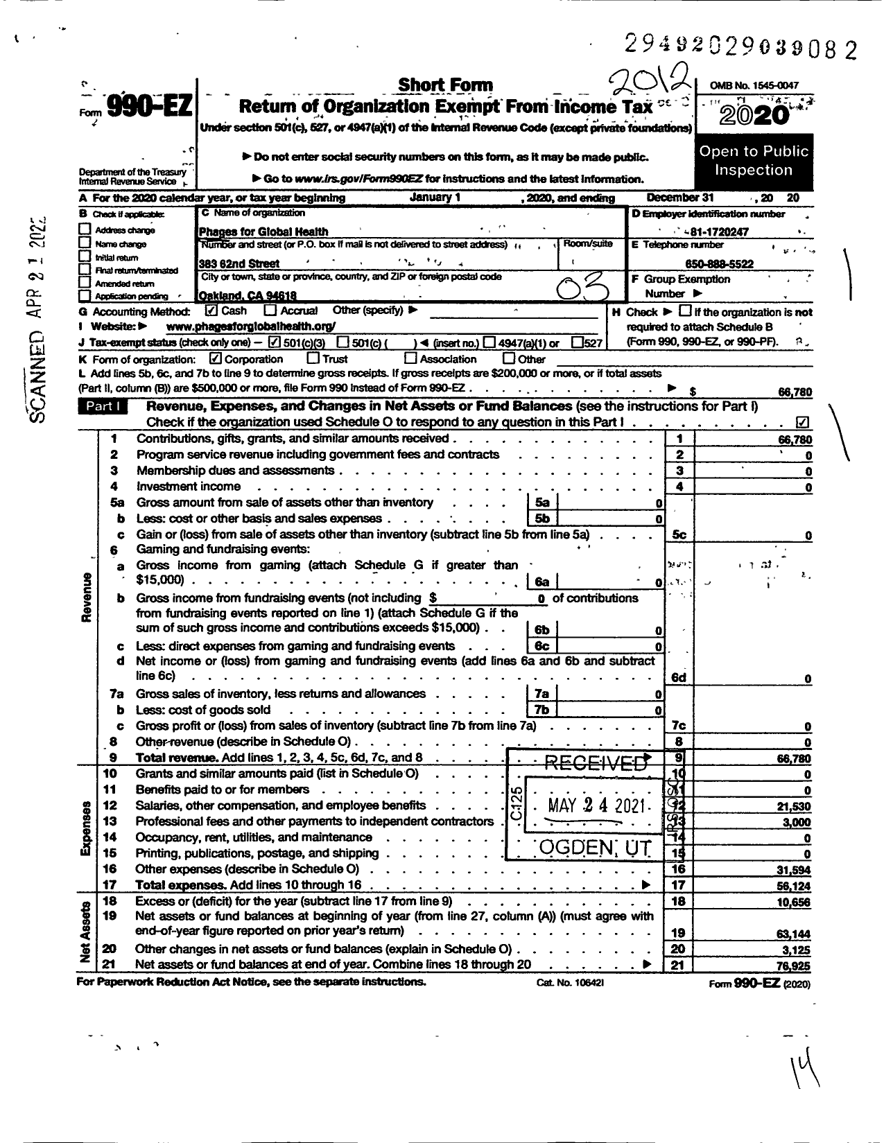 Image of first page of 2020 Form 990EZ for Phages for Global Health