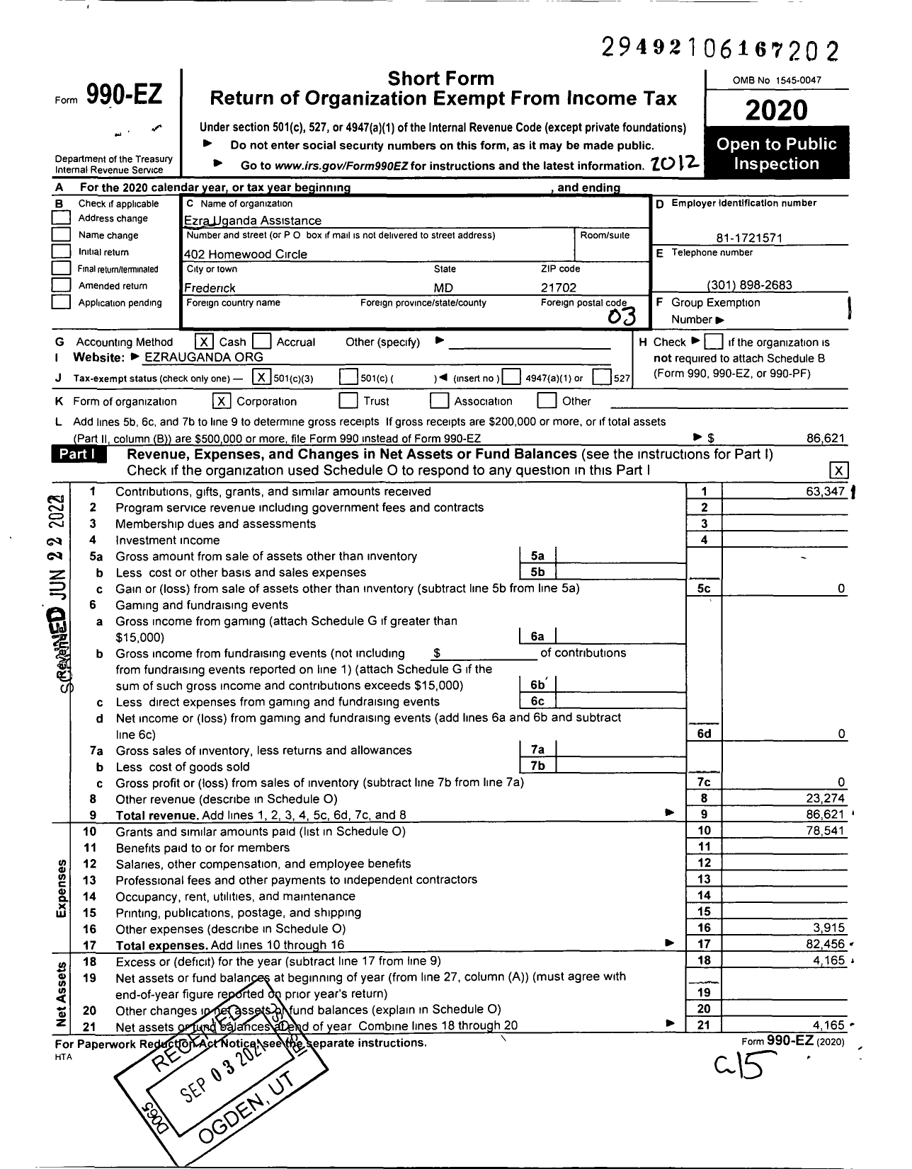 Image of first page of 2020 Form 990EZ for Ezra-Uganda Assistance