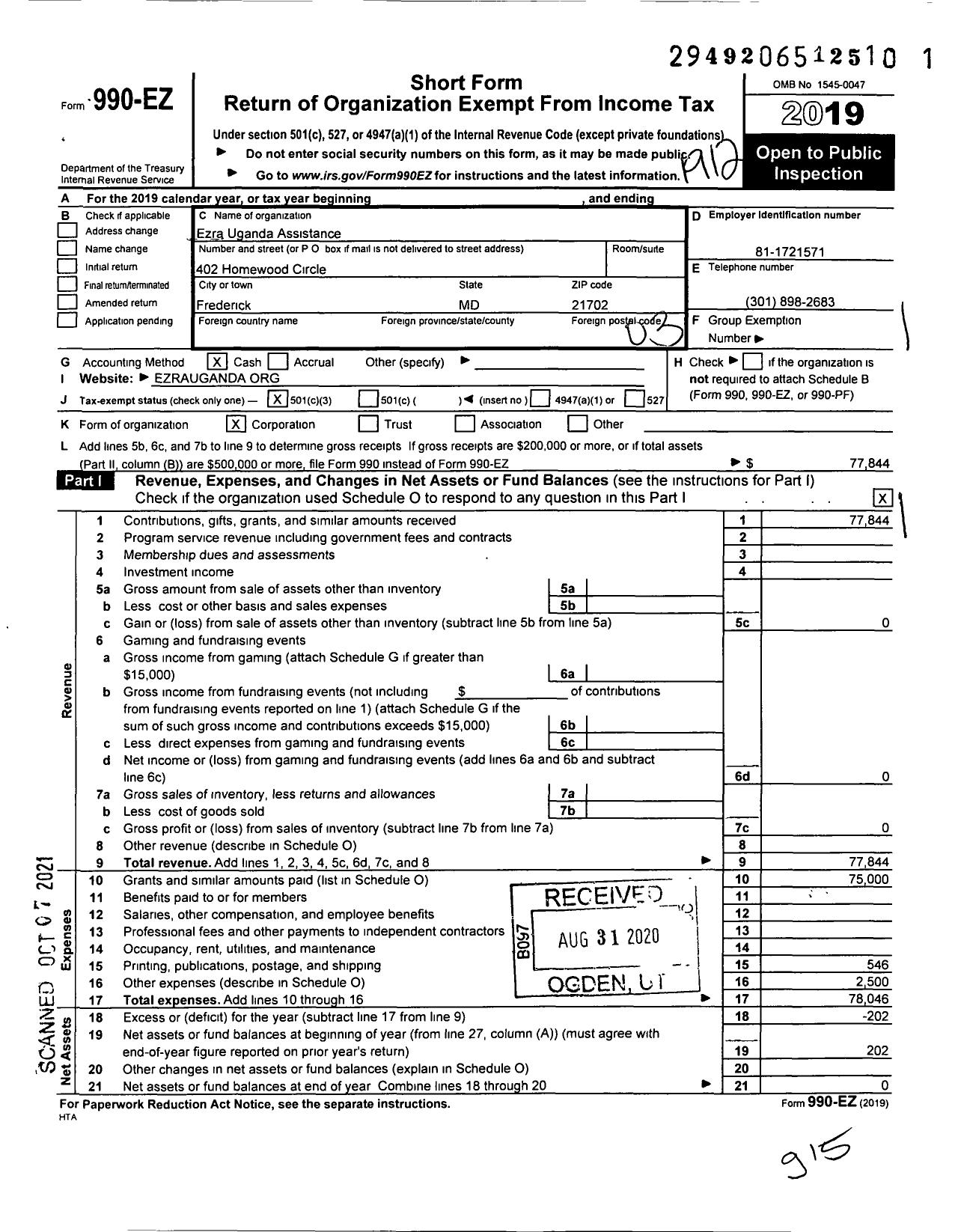 Image of first page of 2019 Form 990EZ for Ezra-Uganda Assistance