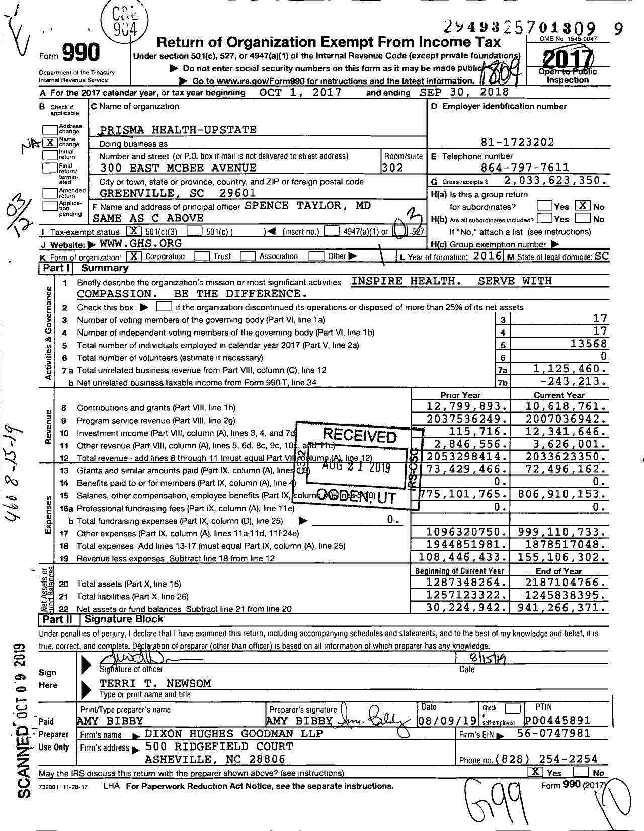 Image of first page of 2017 Form 990 for Prisma Health-Upstate