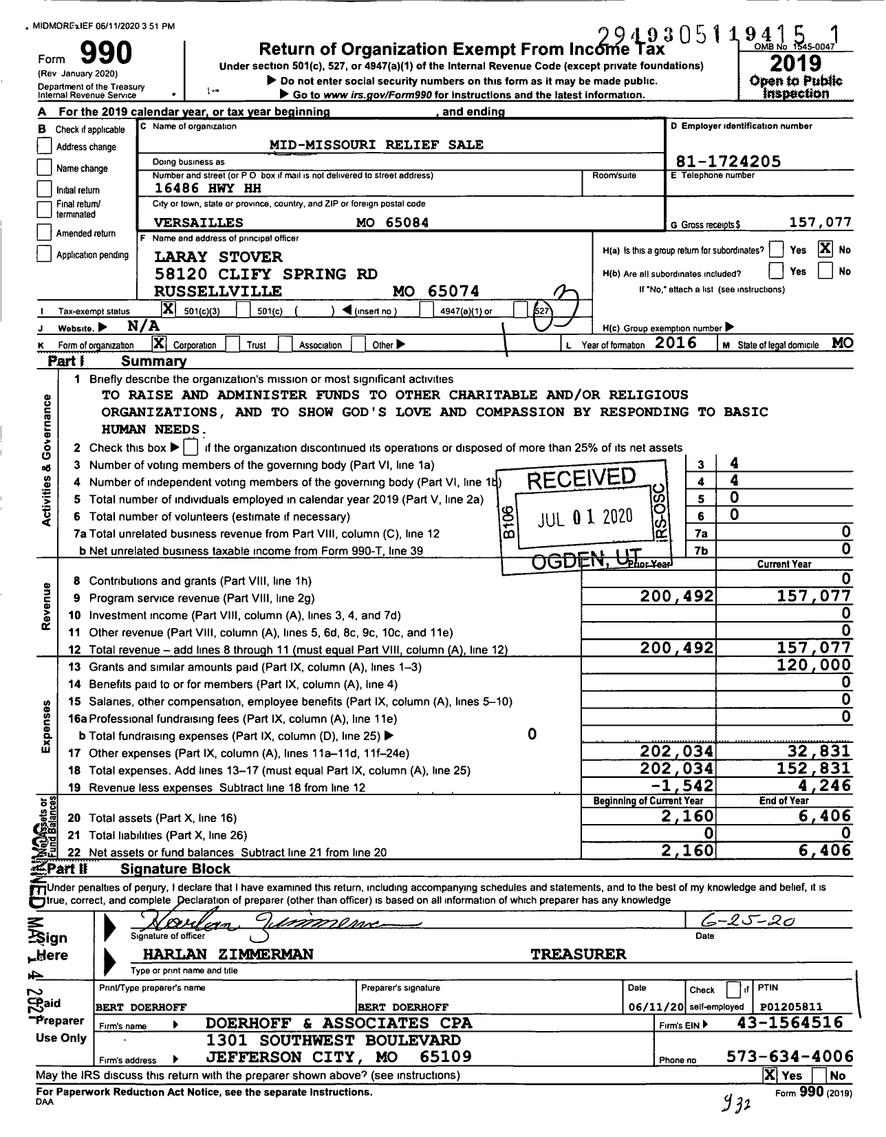 Image of first page of 2019 Form 990 for Mid-Missouri Relief Sale