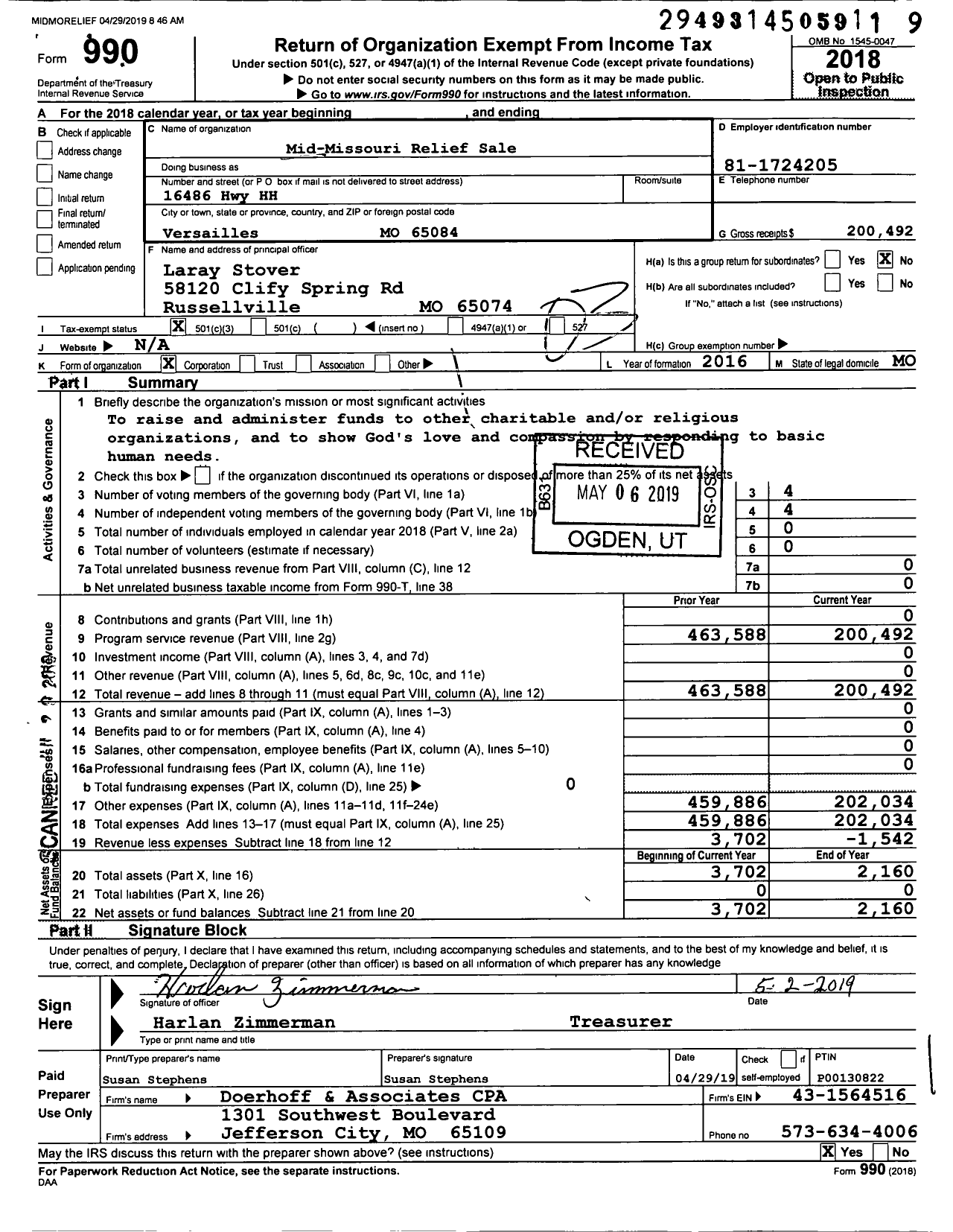 Image of first page of 2018 Form 990 for Mid-Missouri Relief Sale