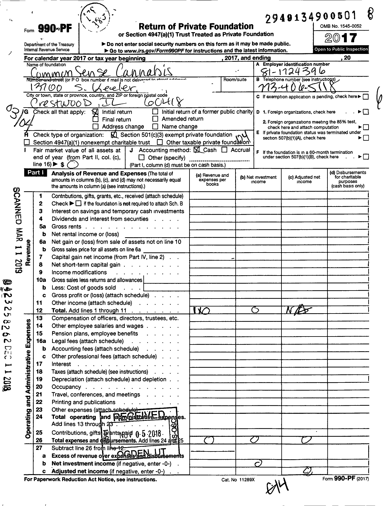 Image of first page of 2017 Form 990PF for Common Sense Cannabis