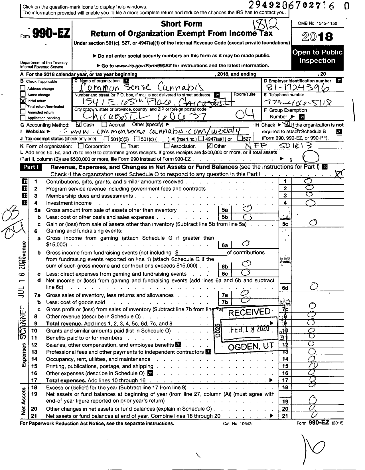 Image of first page of 2018 Form 990EO for Common Sense Cannabis