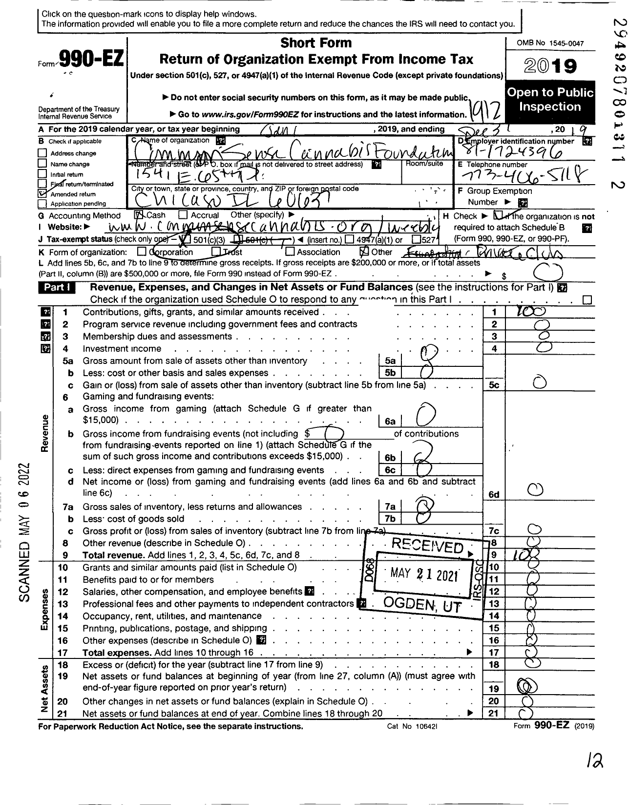 Image of first page of 2019 Form 990EZ for Common Sense Cannabis