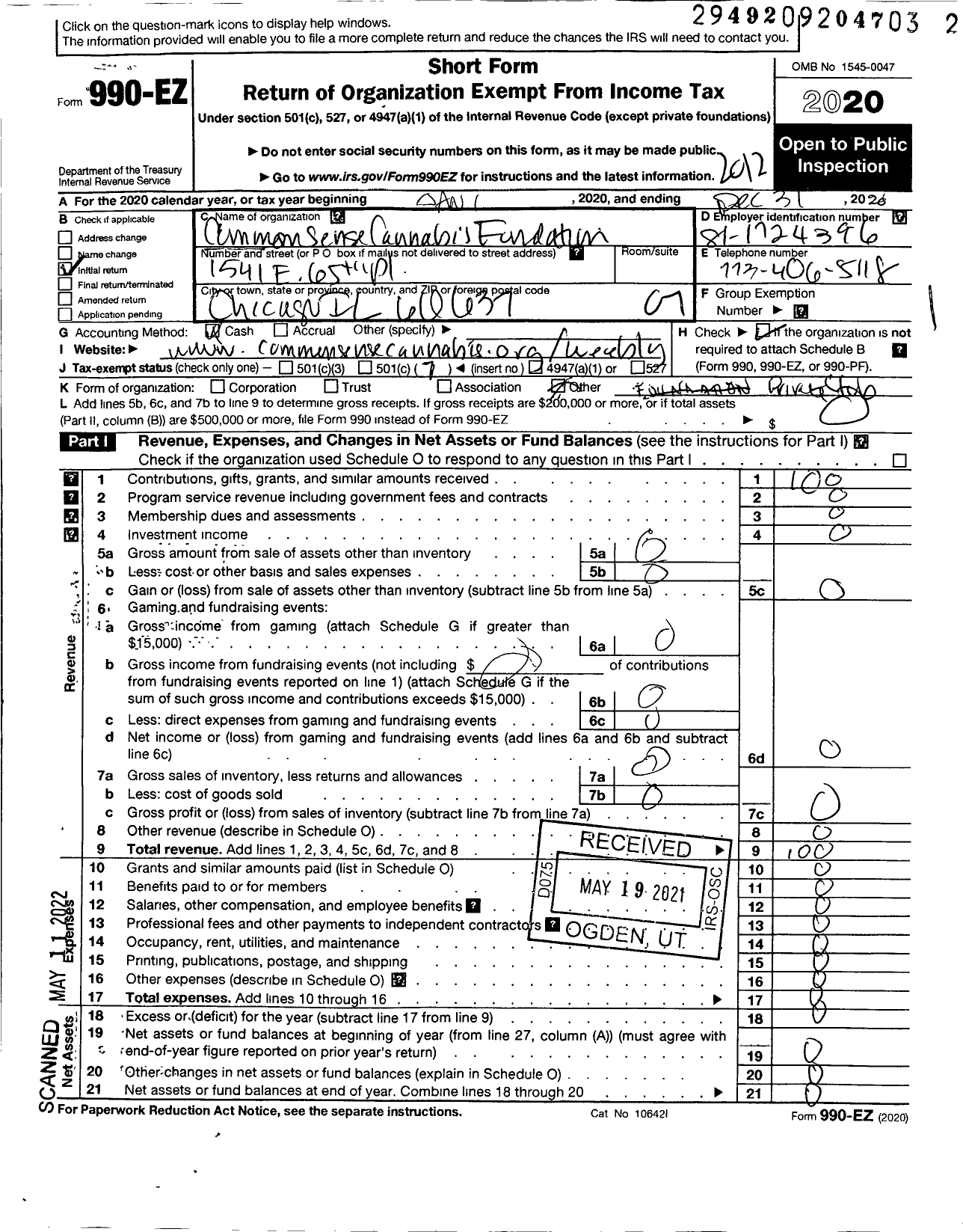 Image of first page of 2020 Form 990EO for Common Sense Cannabis