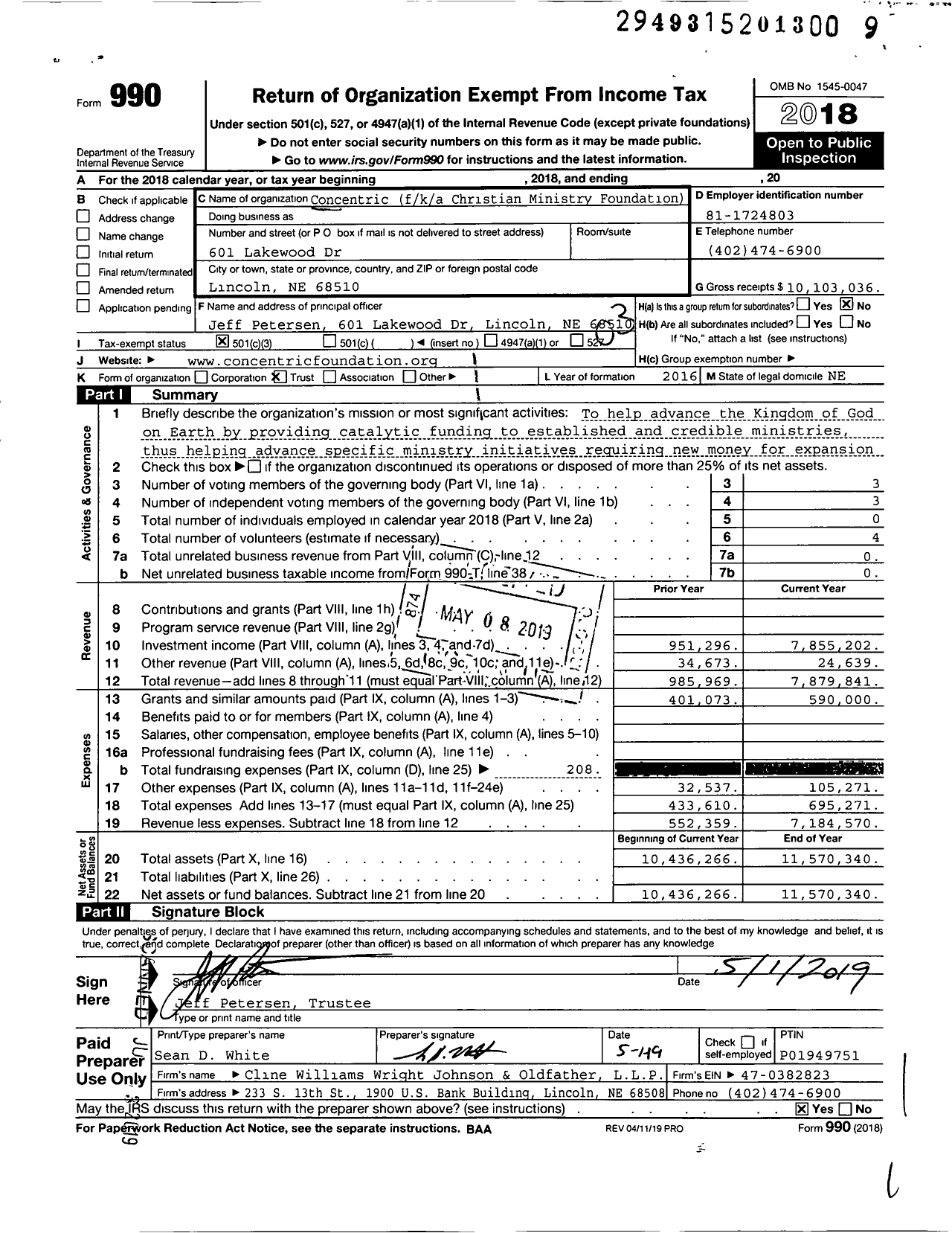 Image of first page of 2018 Form 990 for Concentric