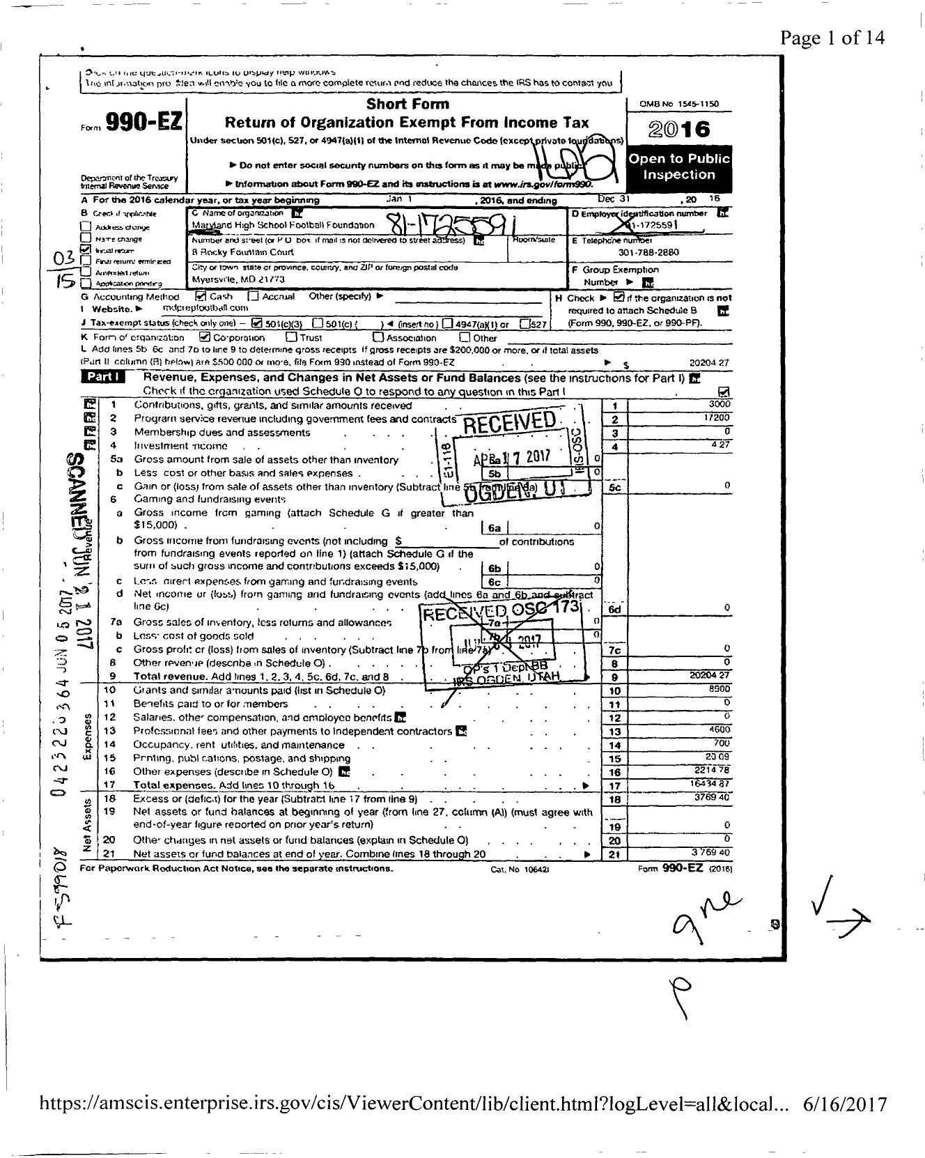 Image of first page of 2016 Form 990EZ for Maryland Football Foundation