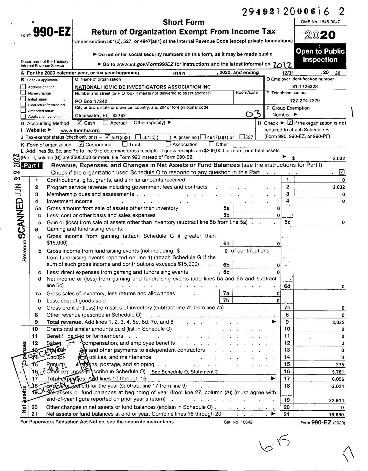 Image of first page of 2020 Form 990EZ for National Homicide Investigators Association