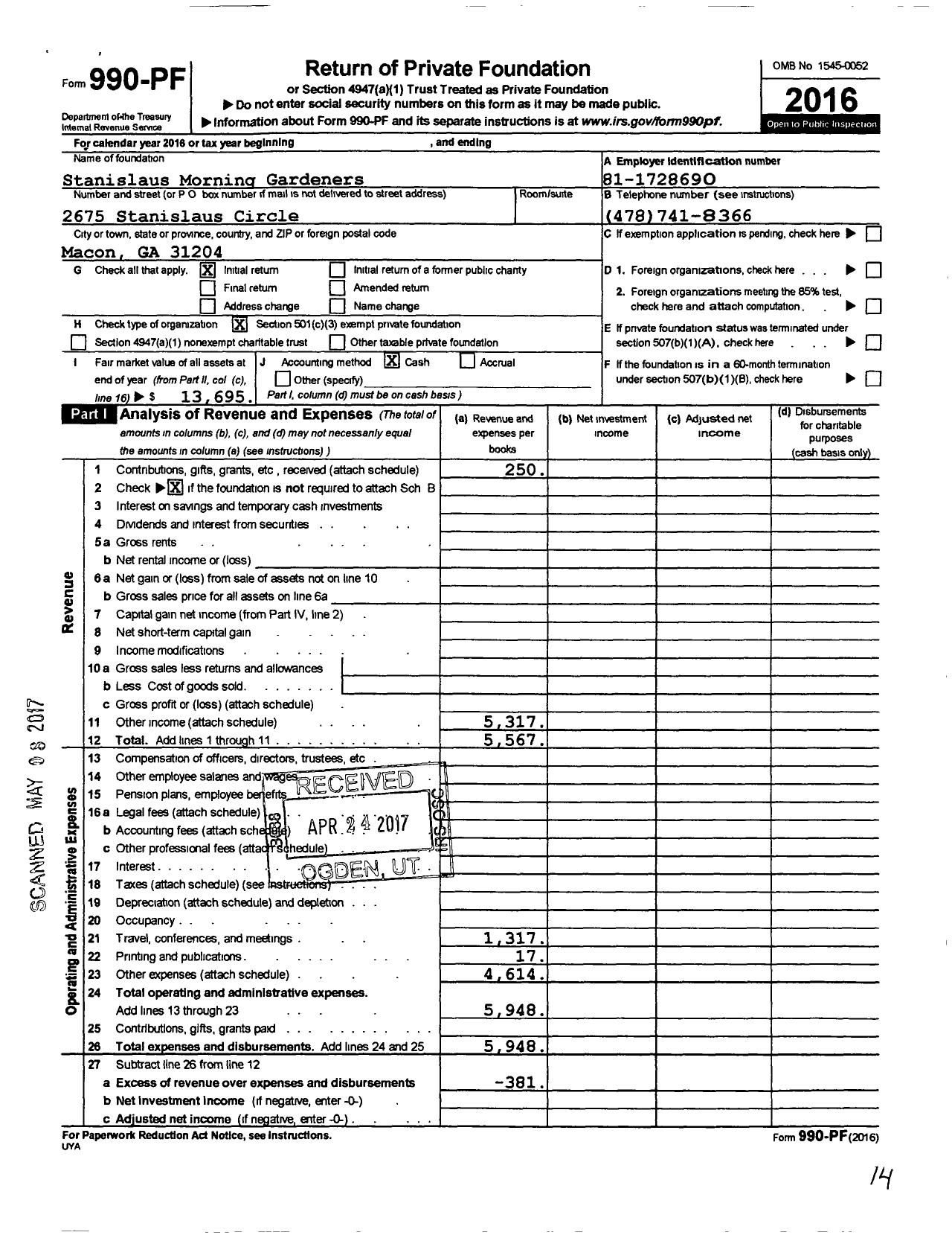 Image of first page of 2016 Form 990PF for Stanislaus Morning Gardeners A Non-Profit Corporation