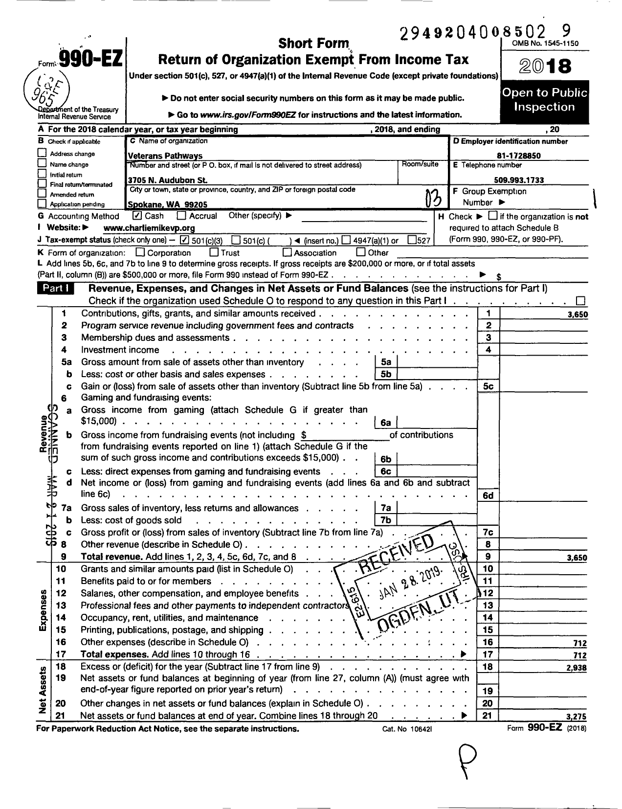 Image of first page of 2018 Form 990EZ for Veterans Pathways