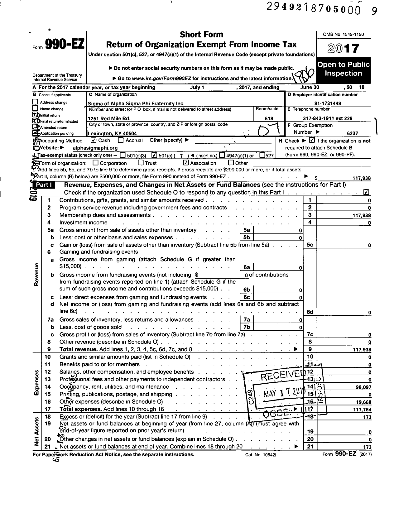 Image of first page of 2017 Form 990EO for Sigma of Alpha Sigma Phi Fraternity LLC