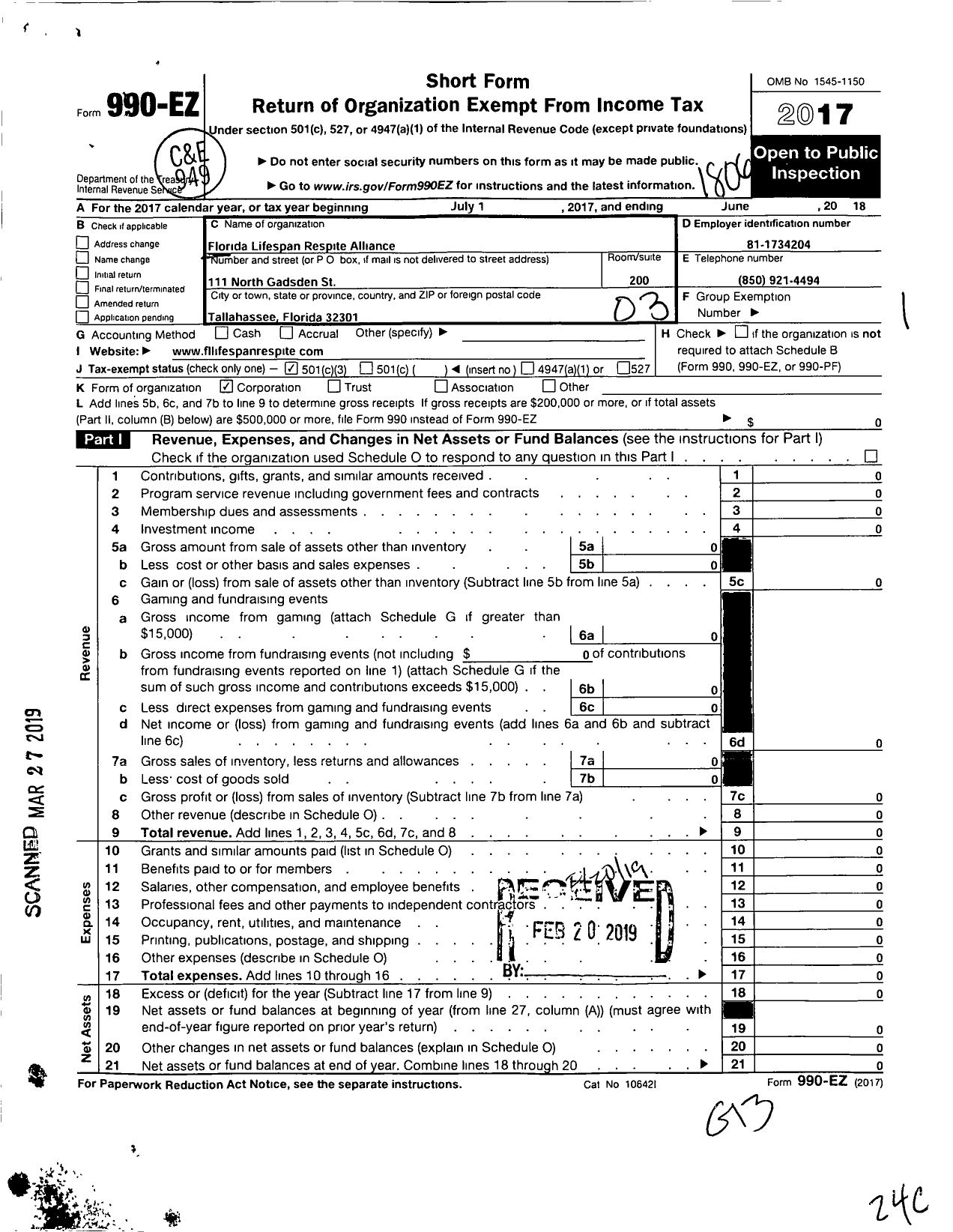 Image of first page of 2017 Form 990EZ for Florida Lifespan Respite Alliance (FLRA)