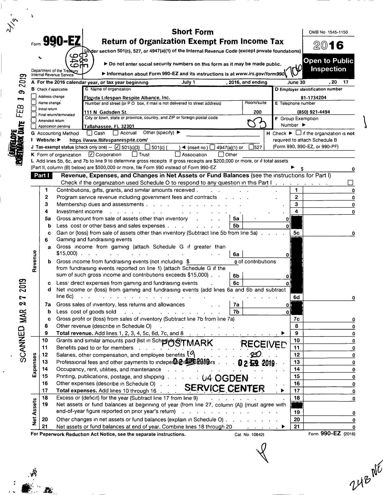 Image of first page of 2016 Form 990EZ for Florida Lifespan Respite Alliance (FLRA)