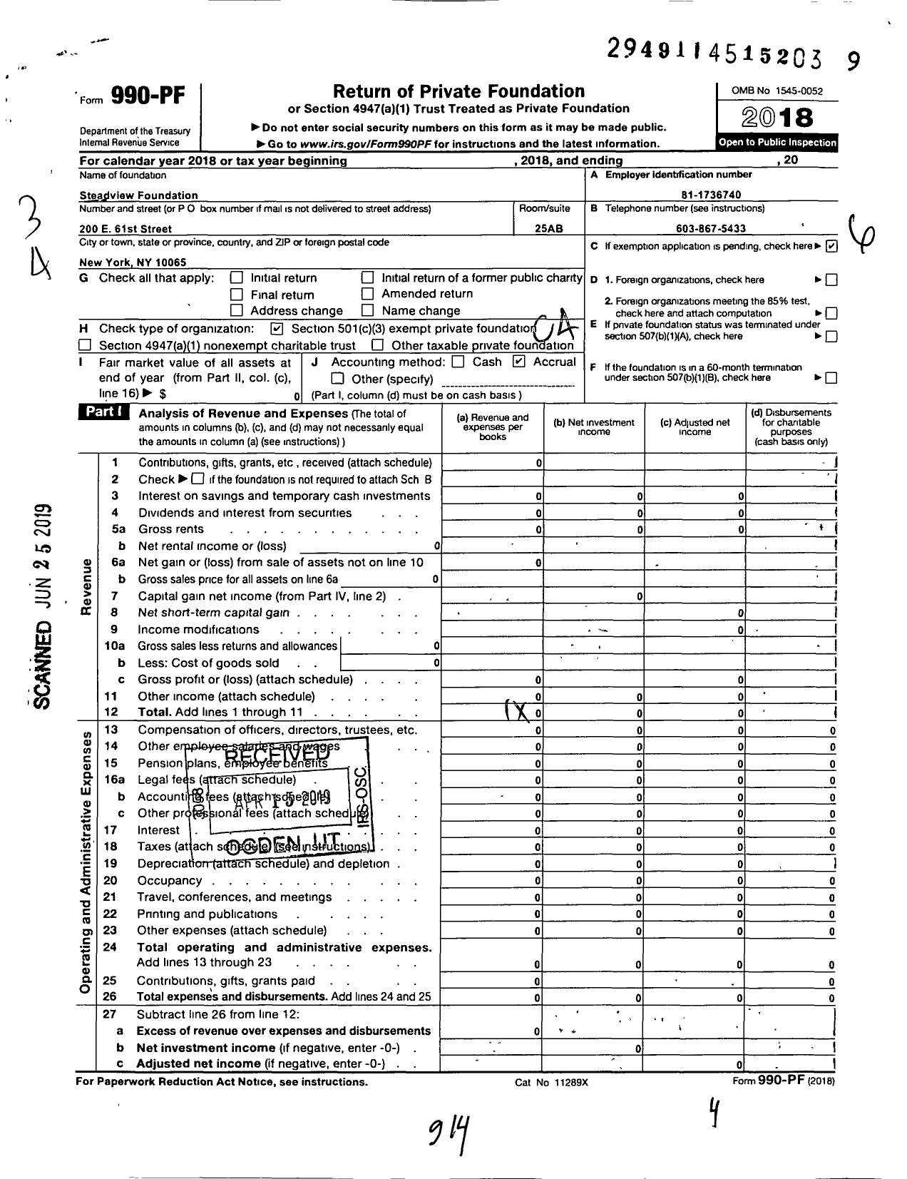 Image of first page of 2018 Form 990PF for Steadview Foundation