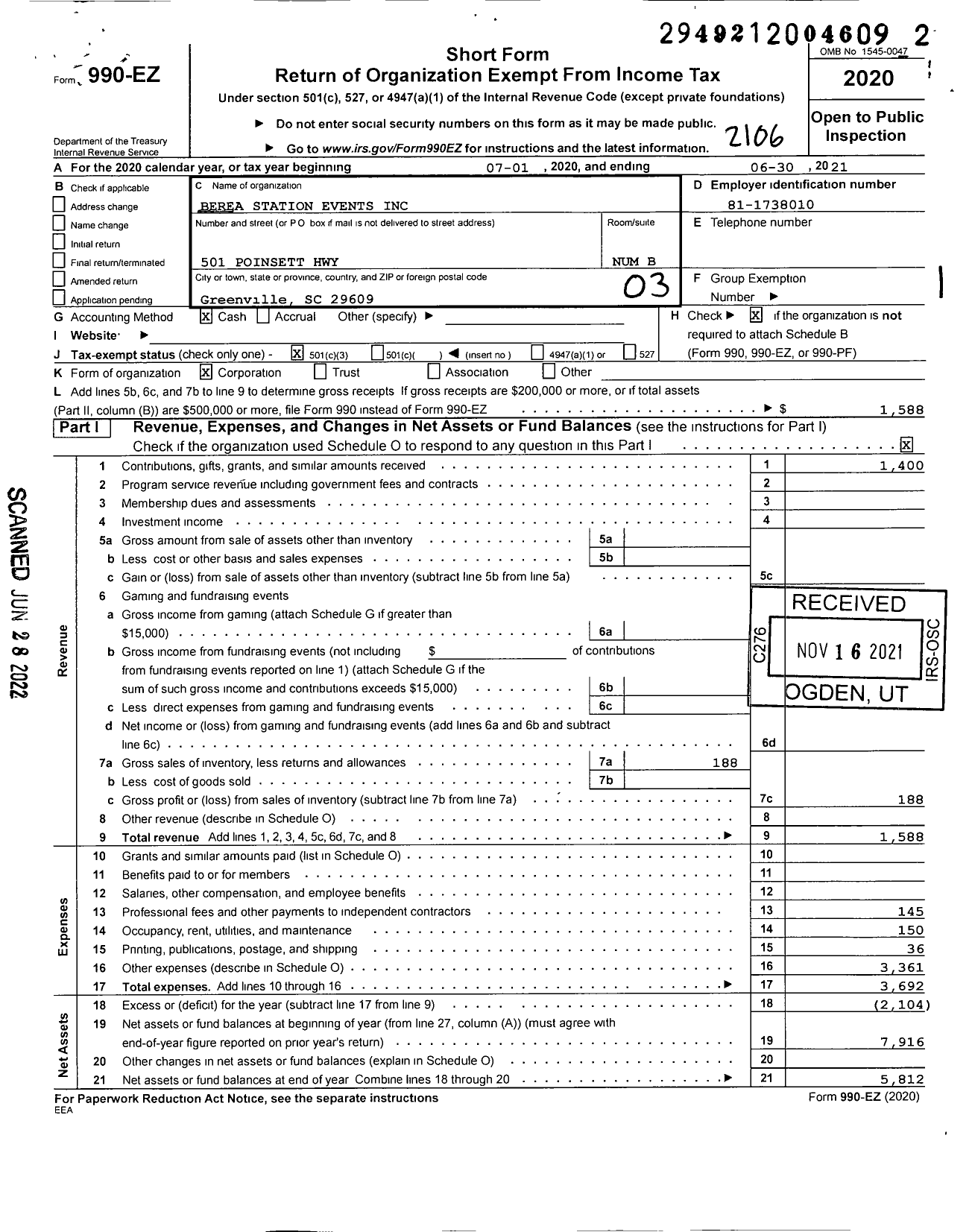 Image of first page of 2020 Form 990EZ for Berea Station Events