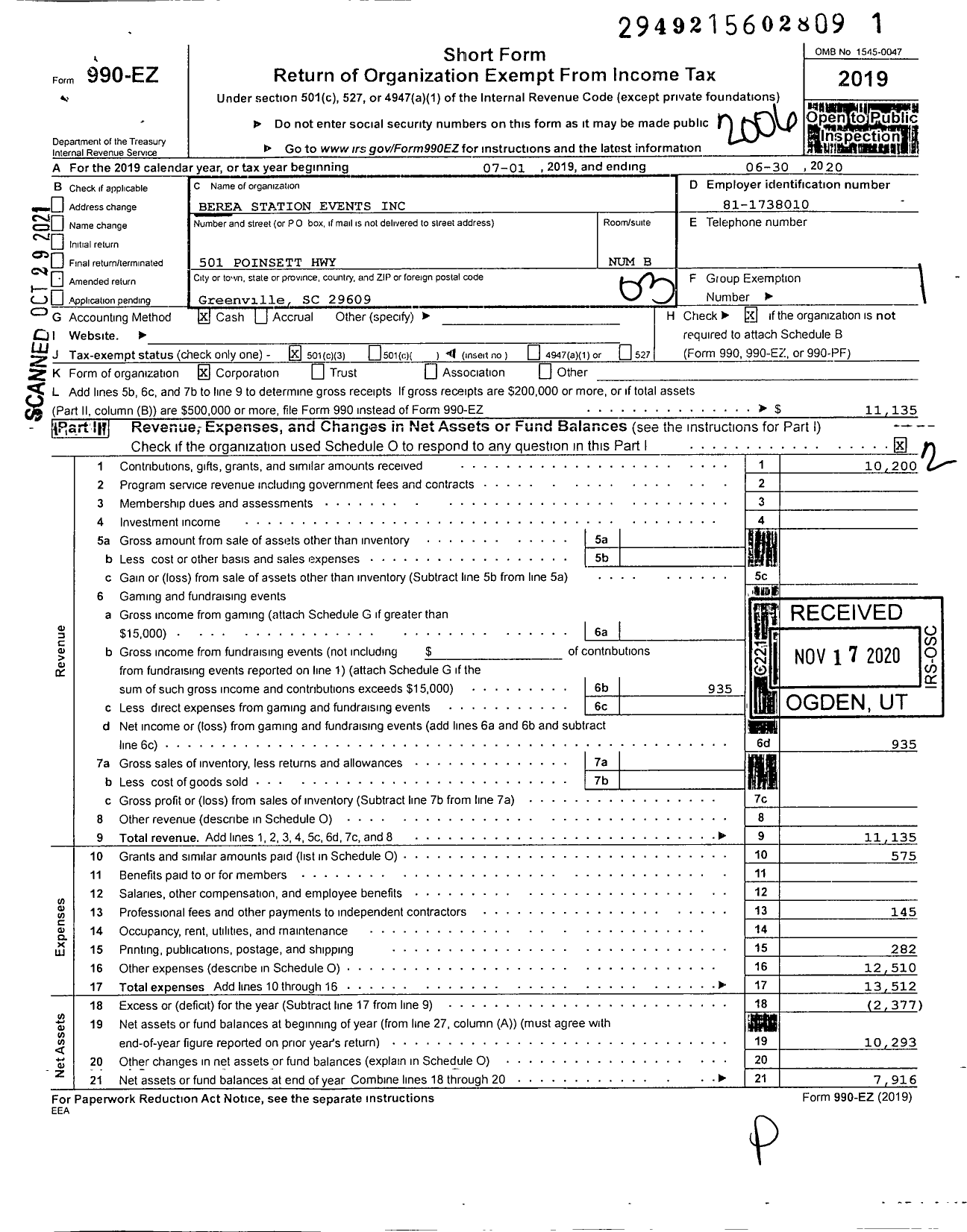 Image of first page of 2019 Form 990EZ for Berea Station Events