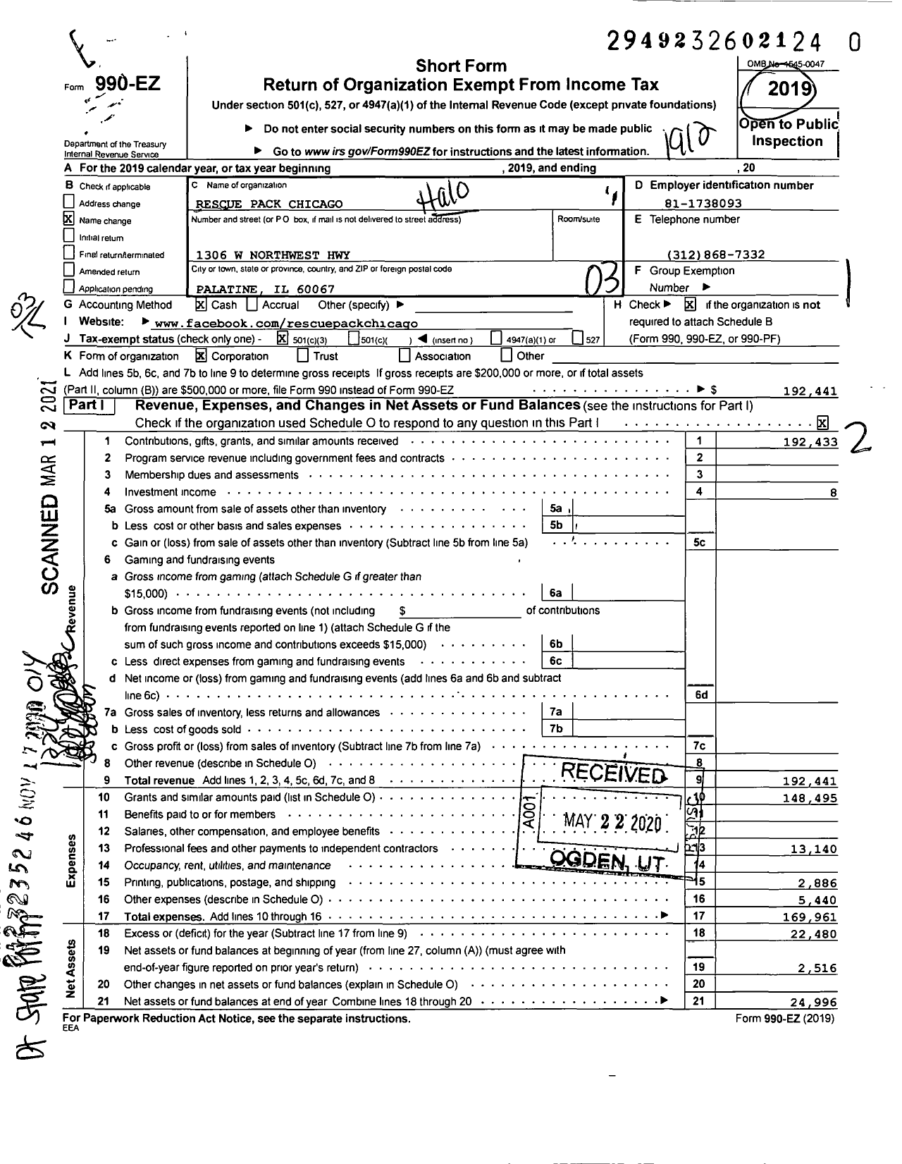 Image of first page of 2019 Form 990EZ for Rescue Pack