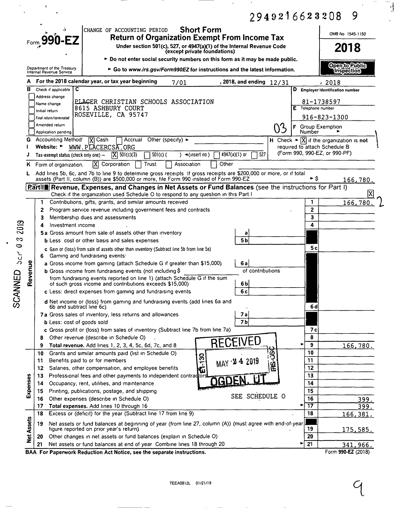 Image of first page of 2018 Form 990EZ for Placer Christian Schools Association