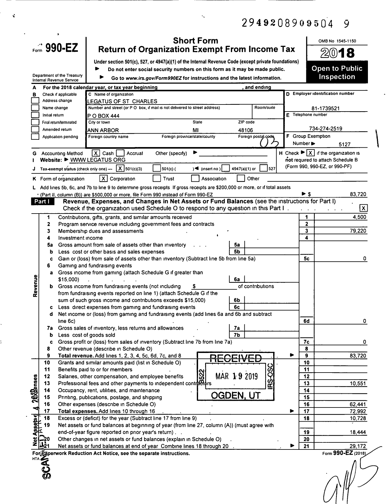 Image of first page of 2018 Form 990EZ for Legatus of St Charles