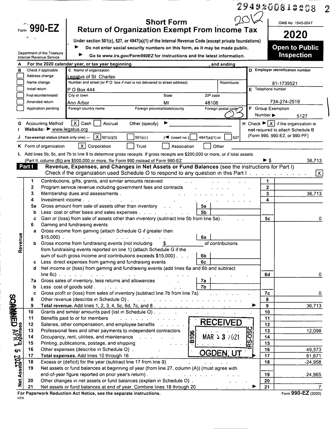 Image of first page of 2020 Form 990EZ for Legatus of St Charles