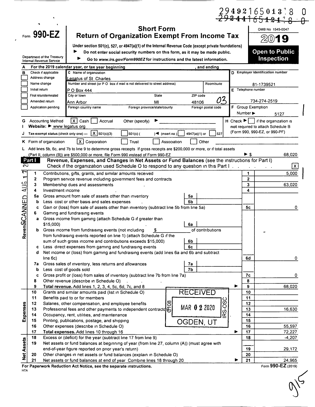 Image of first page of 2019 Form 990EZ for Legatus of St Charles