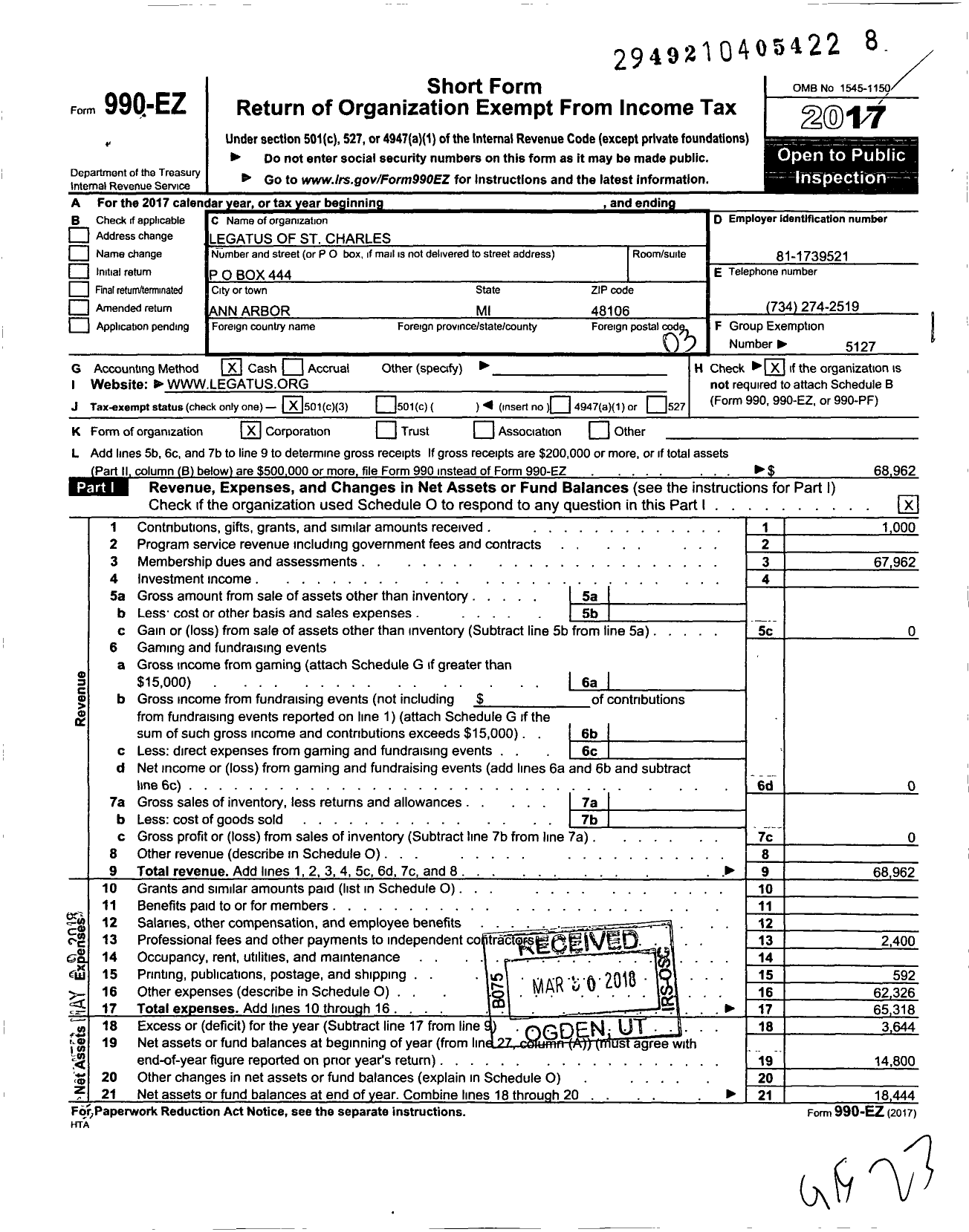 Image of first page of 2017 Form 990EZ for Legatus of St Charles