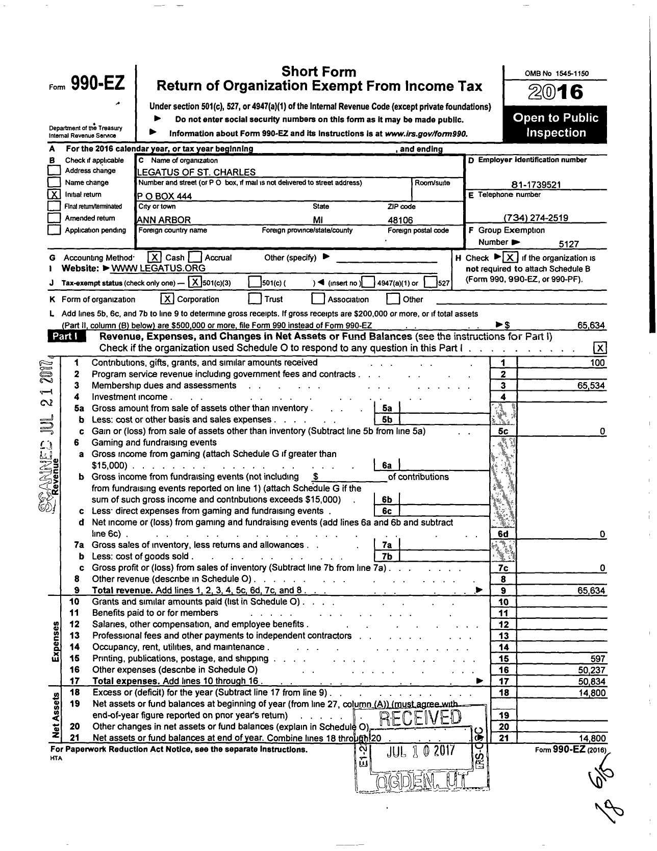 Image of first page of 2016 Form 990EZ for Legatus of St Charles