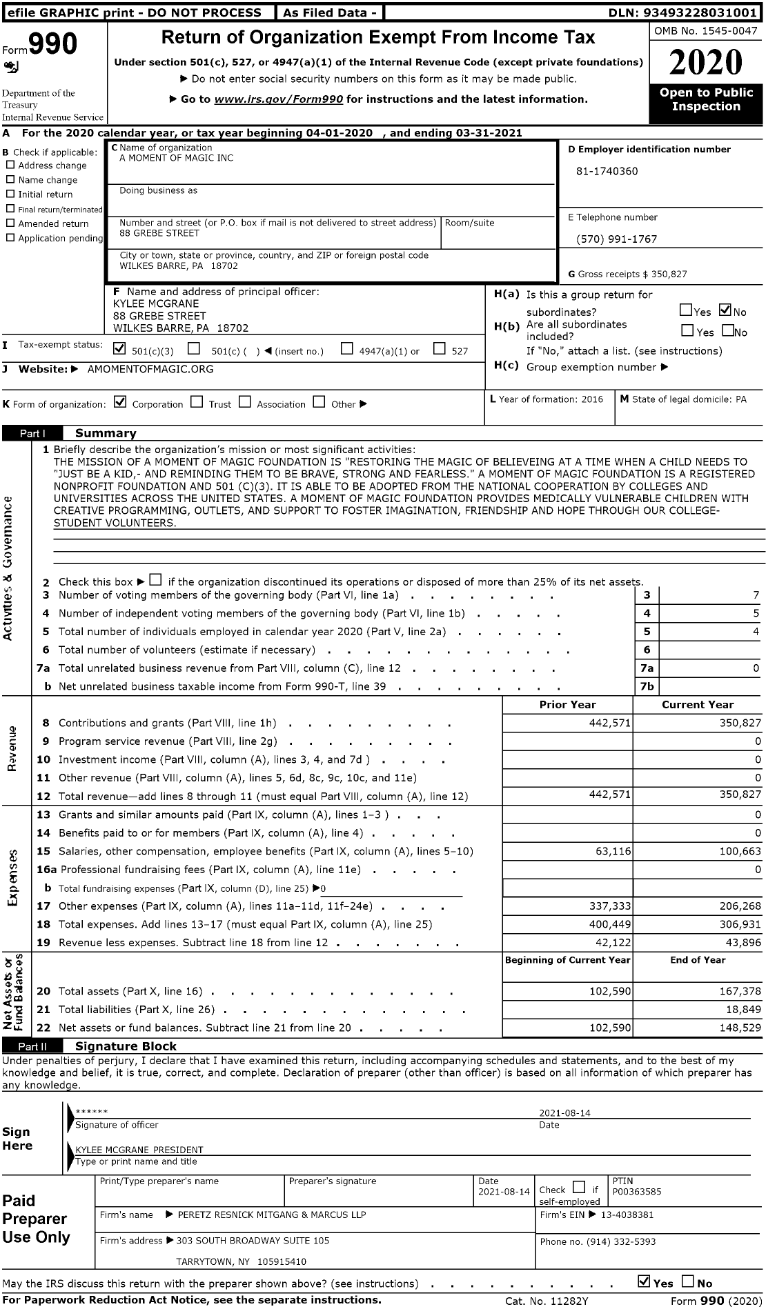 Image of first page of 2020 Form 990 for A Moment of Magic