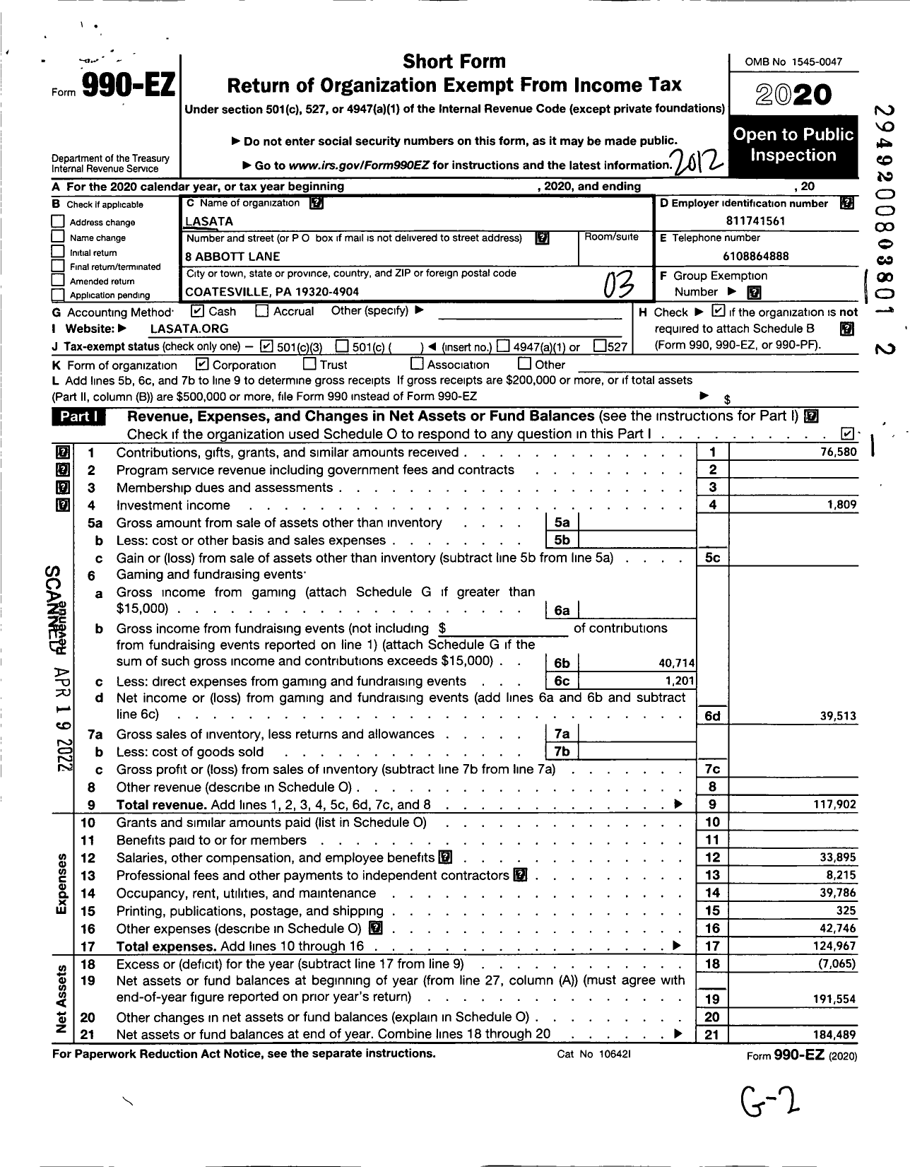 Image of first page of 2020 Form 990EZ for Lasata