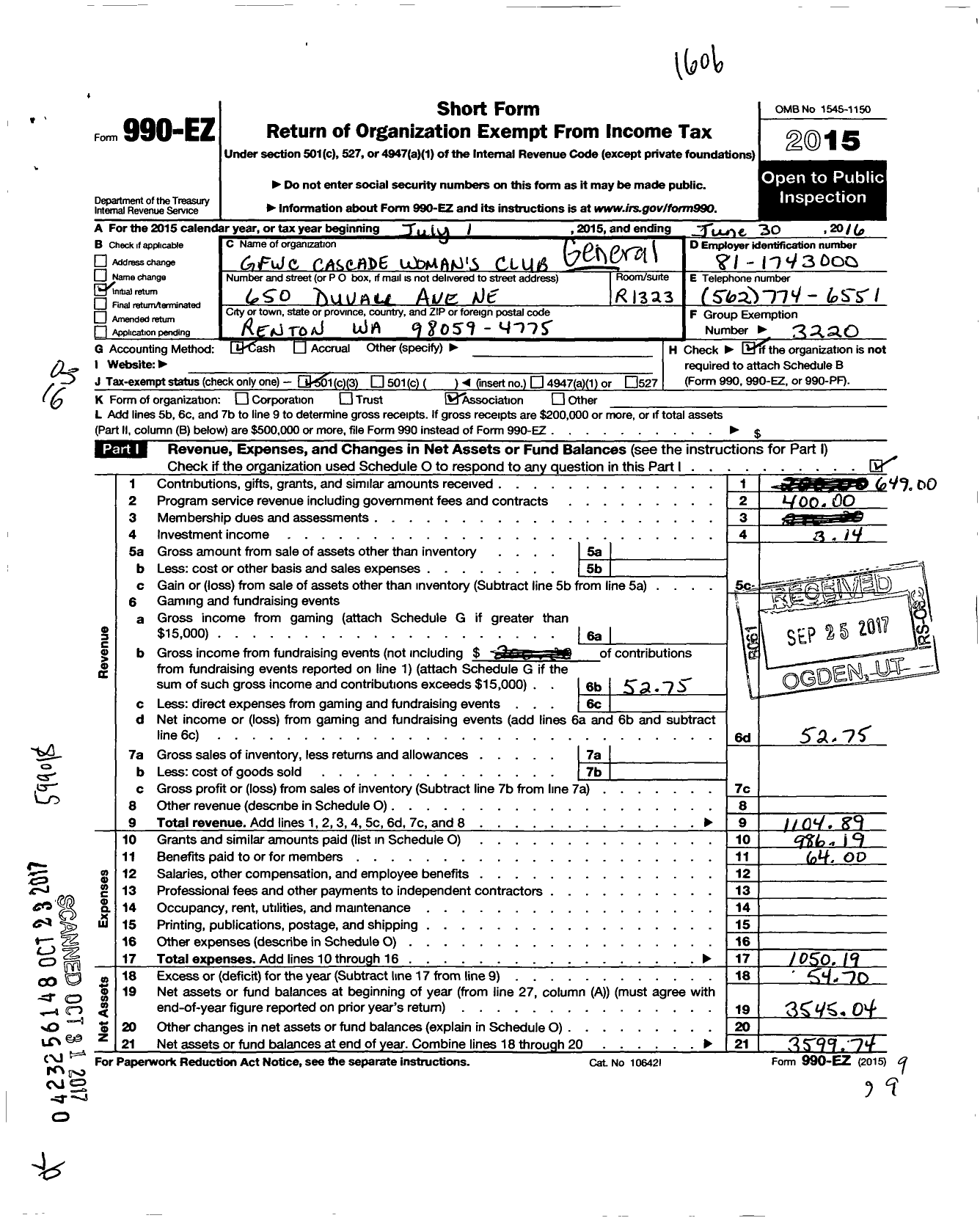 Image of first page of 2015 Form 990EZ for General Federation of Womens Club / GFWC Cascade Womans Club