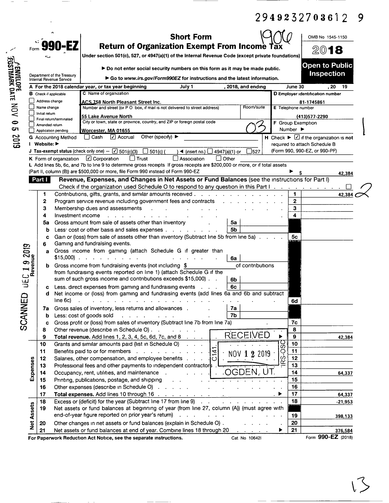 Image of first page of 2018 Form 990EZ for Acs 758 North Pleasant Street