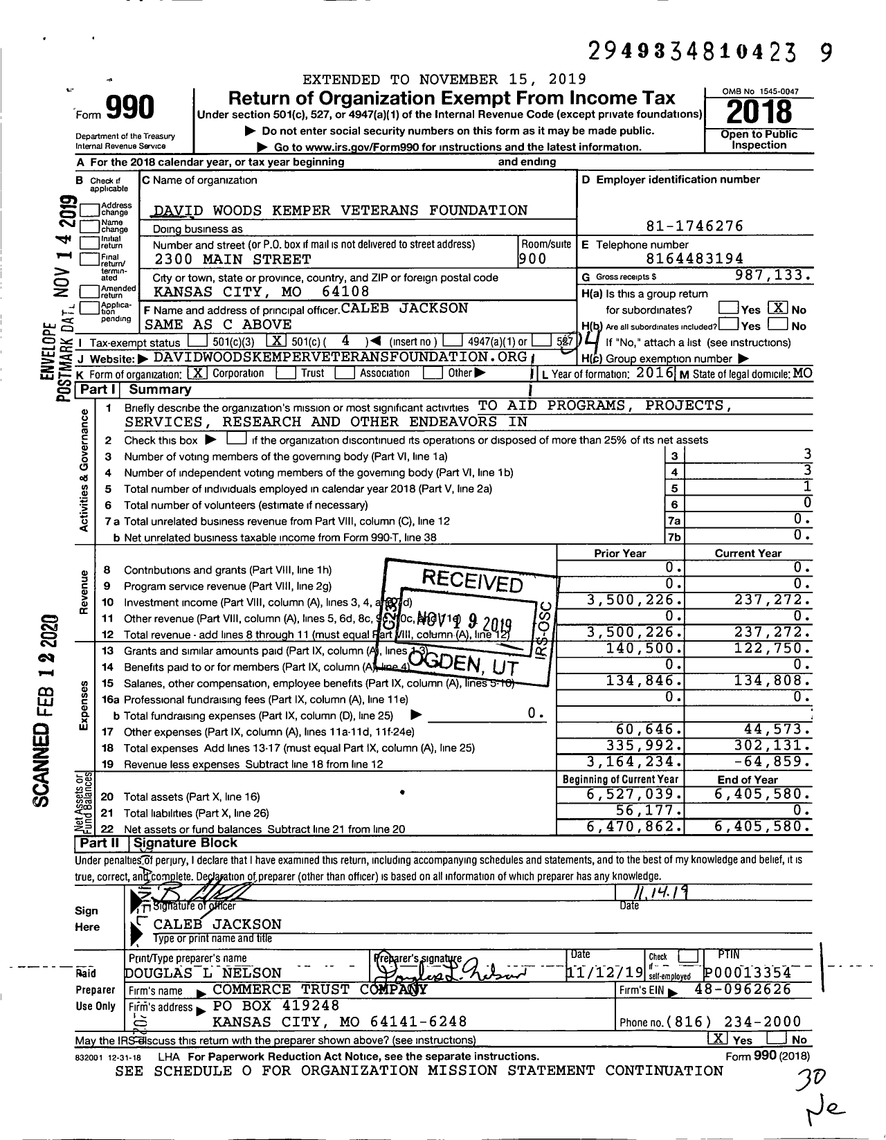 Image of first page of 2018 Form 990O for David Woods Kemper Veterans Foundation