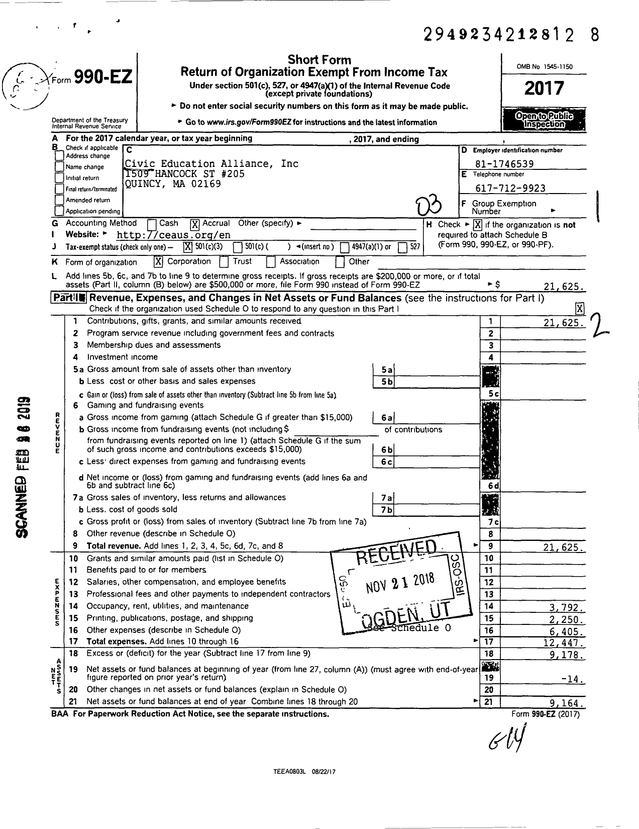 Image of first page of 2017 Form 990EZ for Civic Education Alliance