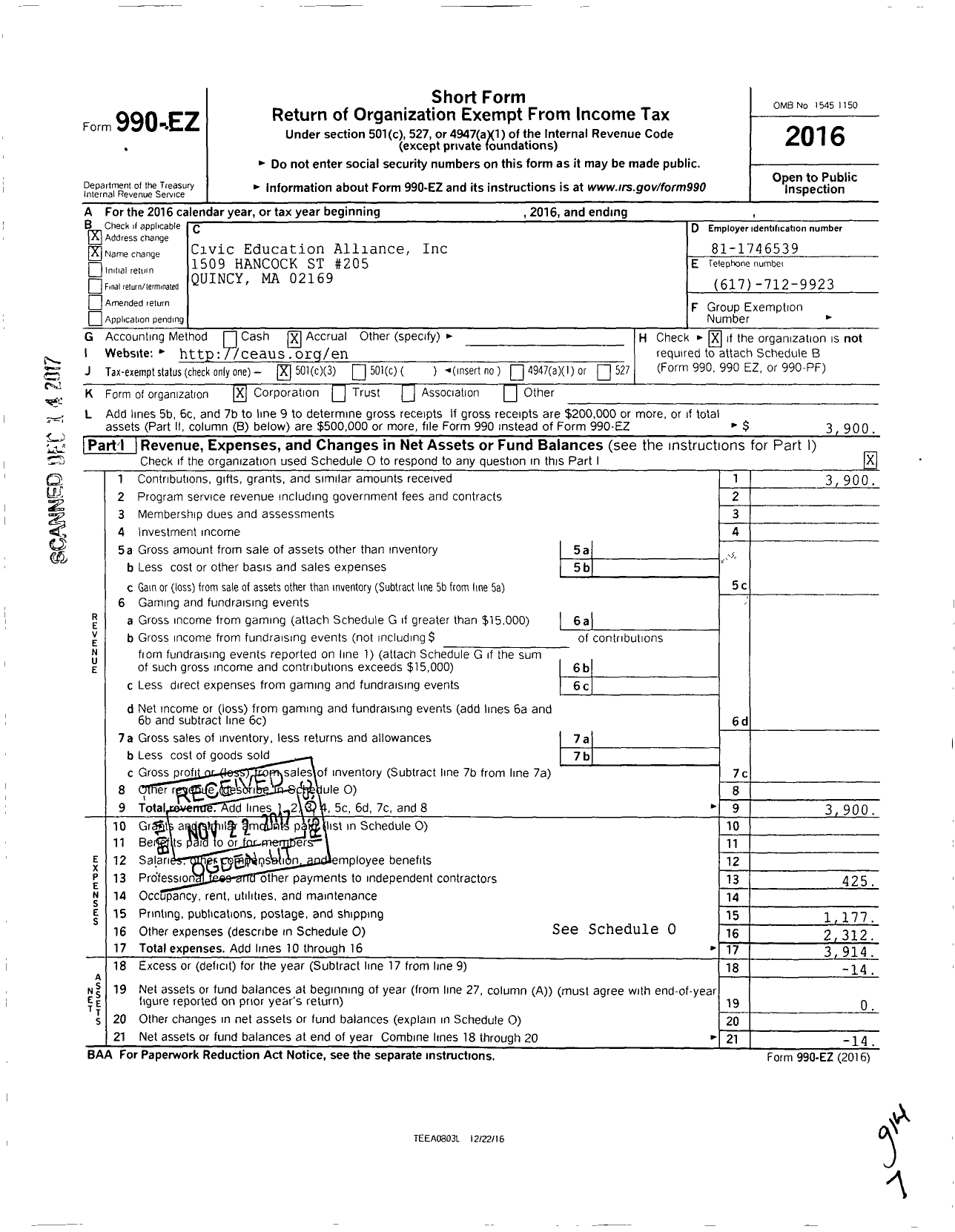 Image of first page of 2016 Form 990EZ for Civic Education Alliance