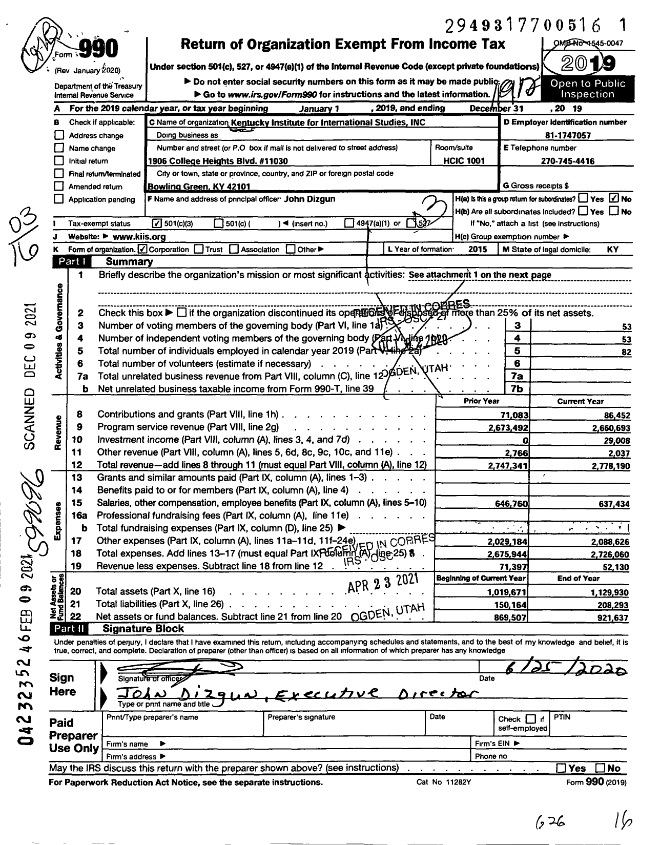 Image of first page of 2019 Form 990 for Kentucky Institute for International Studies