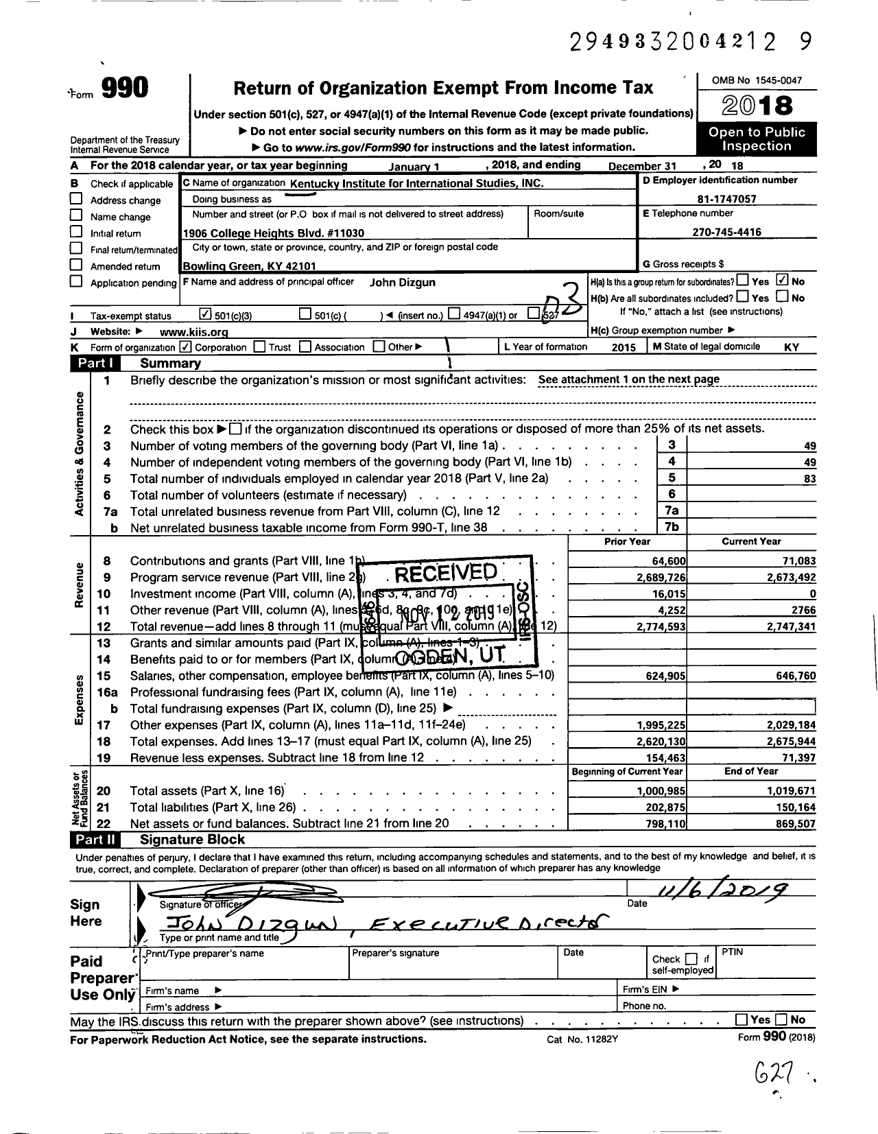 Image of first page of 2018 Form 990 for Kentucky Institute for International Studies