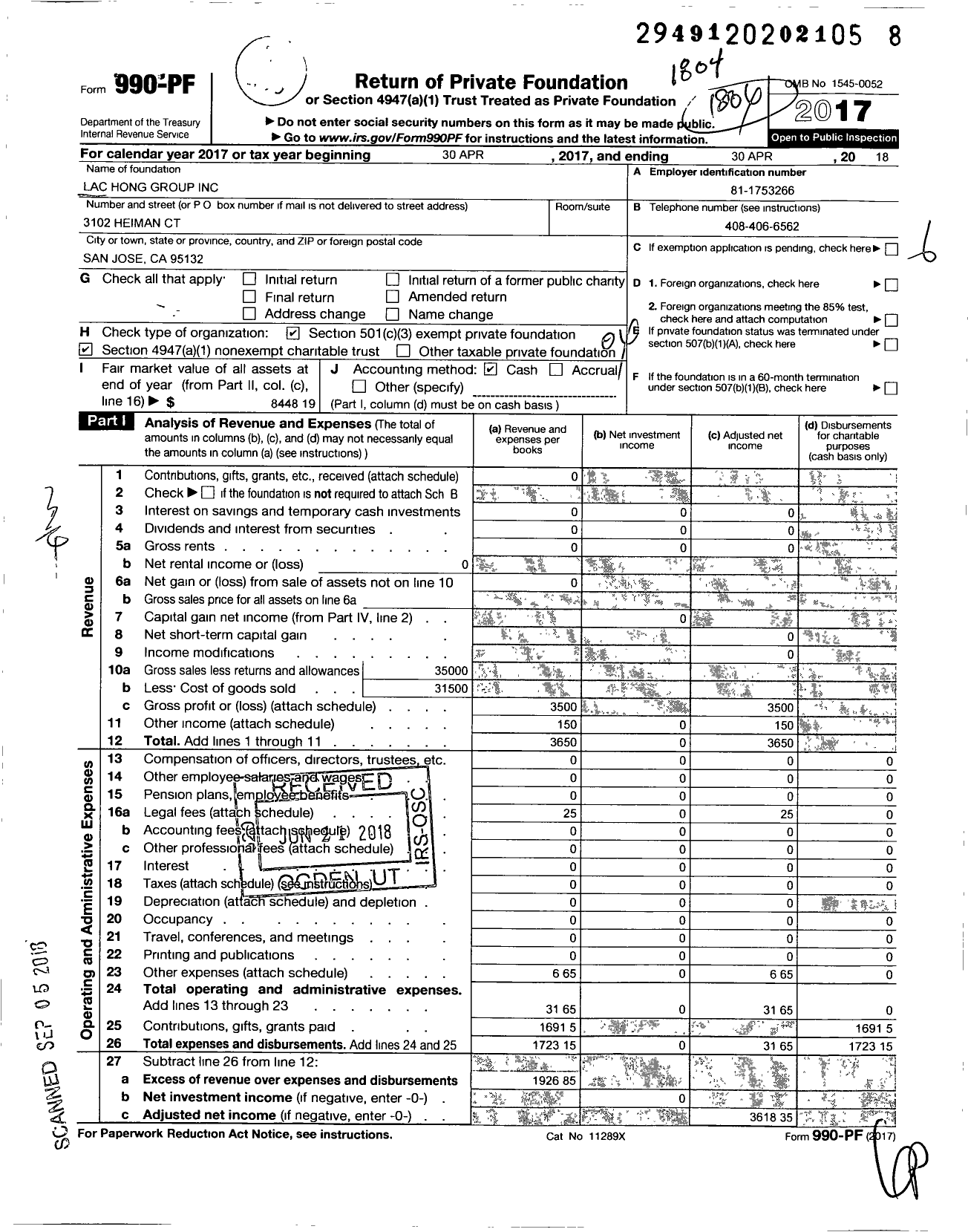 Image of first page of 2017 Form 990PF for Lac Hong Group