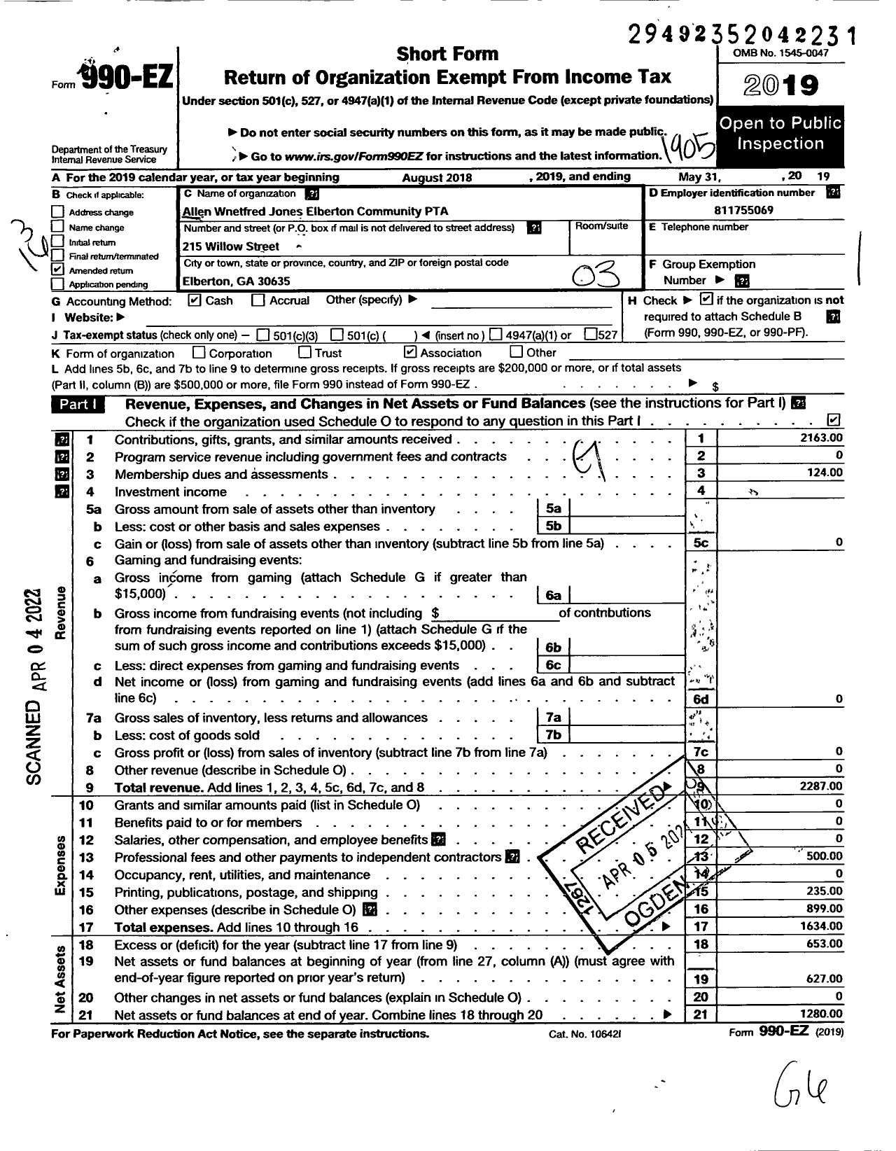 Image of first page of 2018 Form 990EZ for Georgia PTA - Allen Wentered Jones Elberton Commu