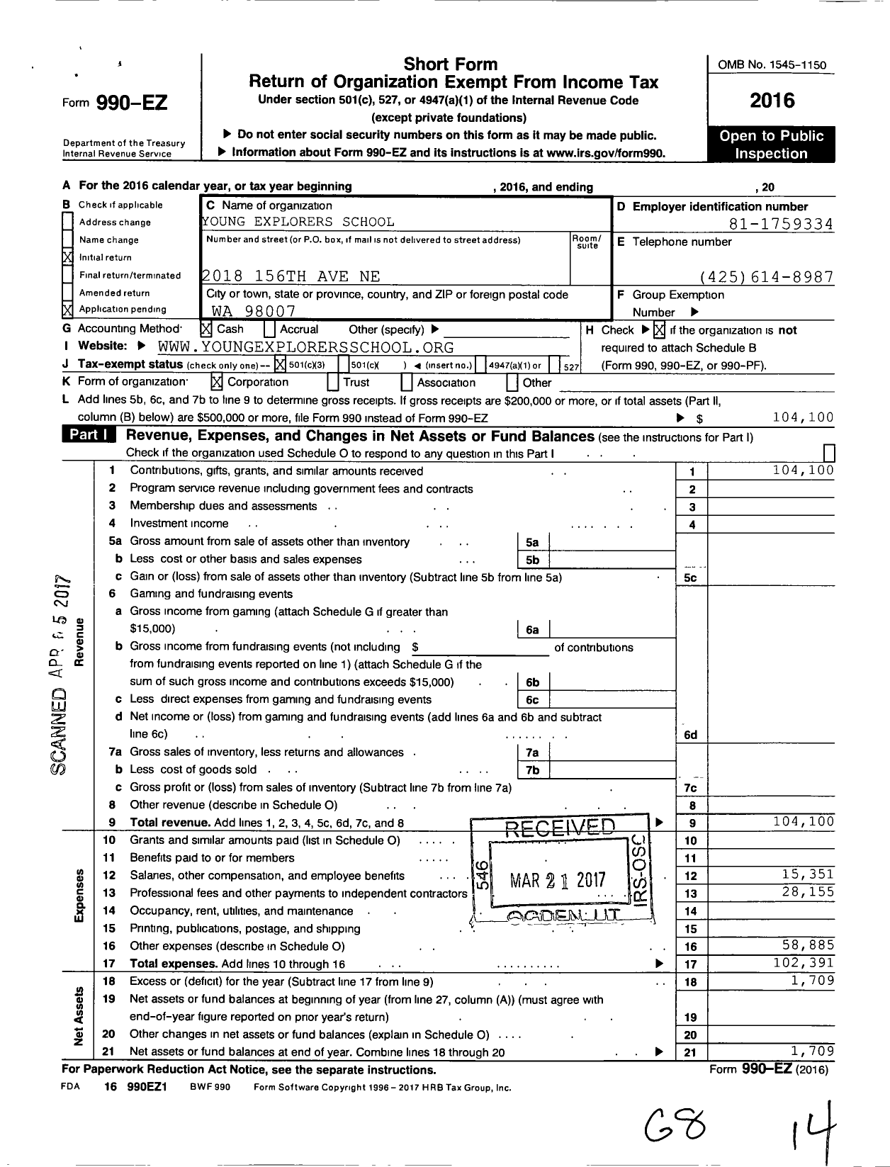 Image of first page of 2016 Form 990EZ for Young Explorers School