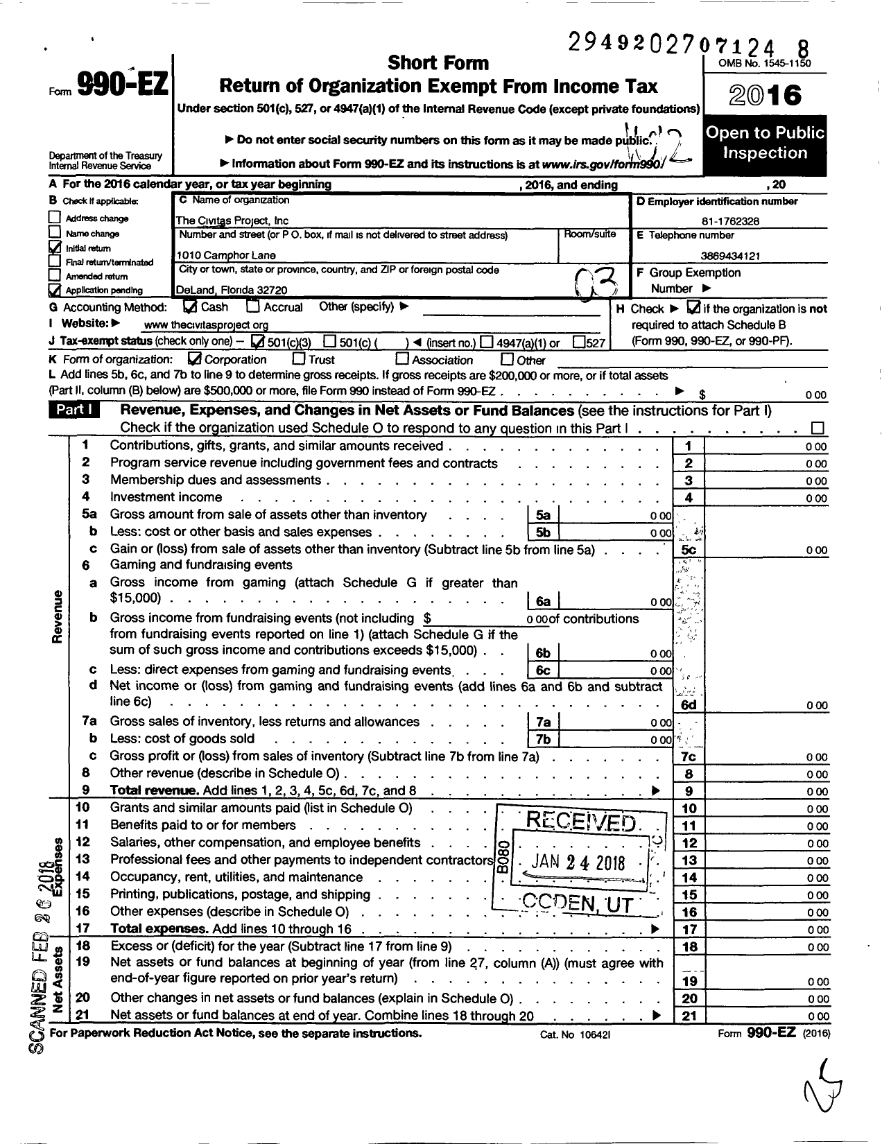 Image of first page of 2016 Form 990EZ for Civitas Project