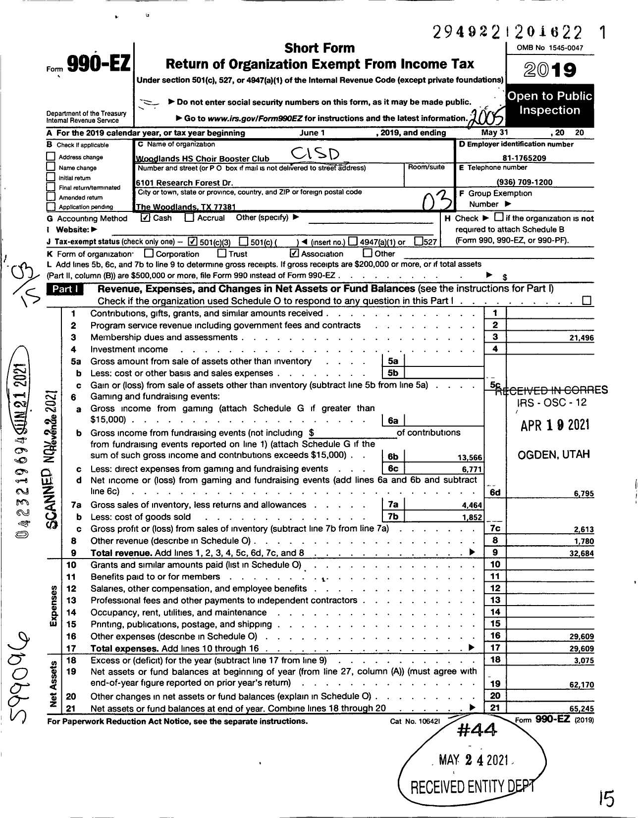 Image of first page of 2019 Form 990EZ for Cisd Educational Support Groups / Woodlands HS Choir