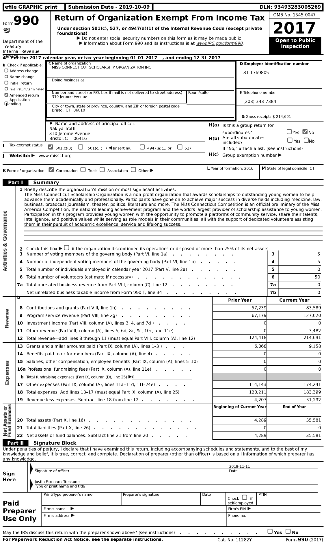 Image of first page of 2017 Form 990 for Miss Connecticut Scholarship Organization