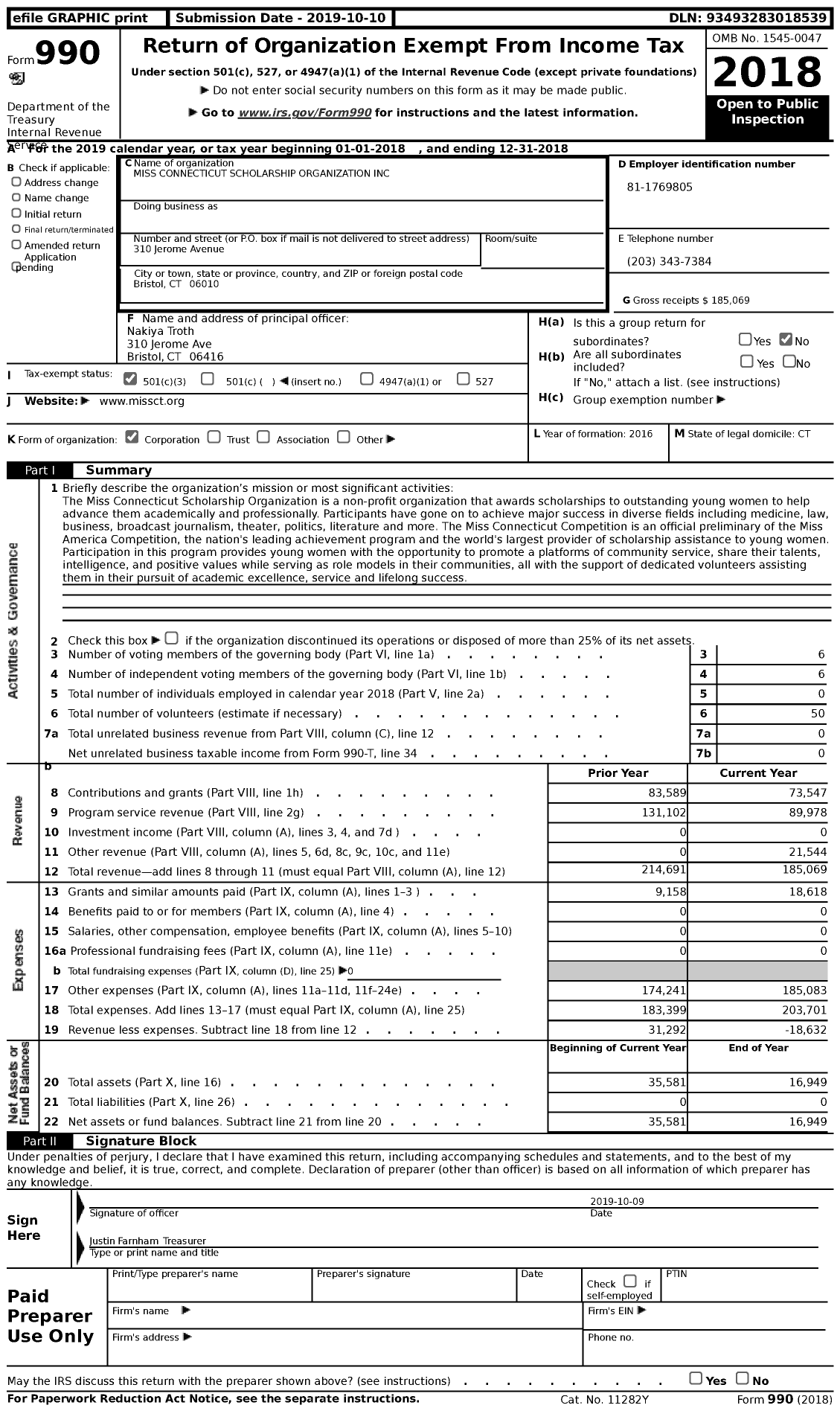 Image of first page of 2018 Form 990 for Miss Connecticut Scholarship Organization