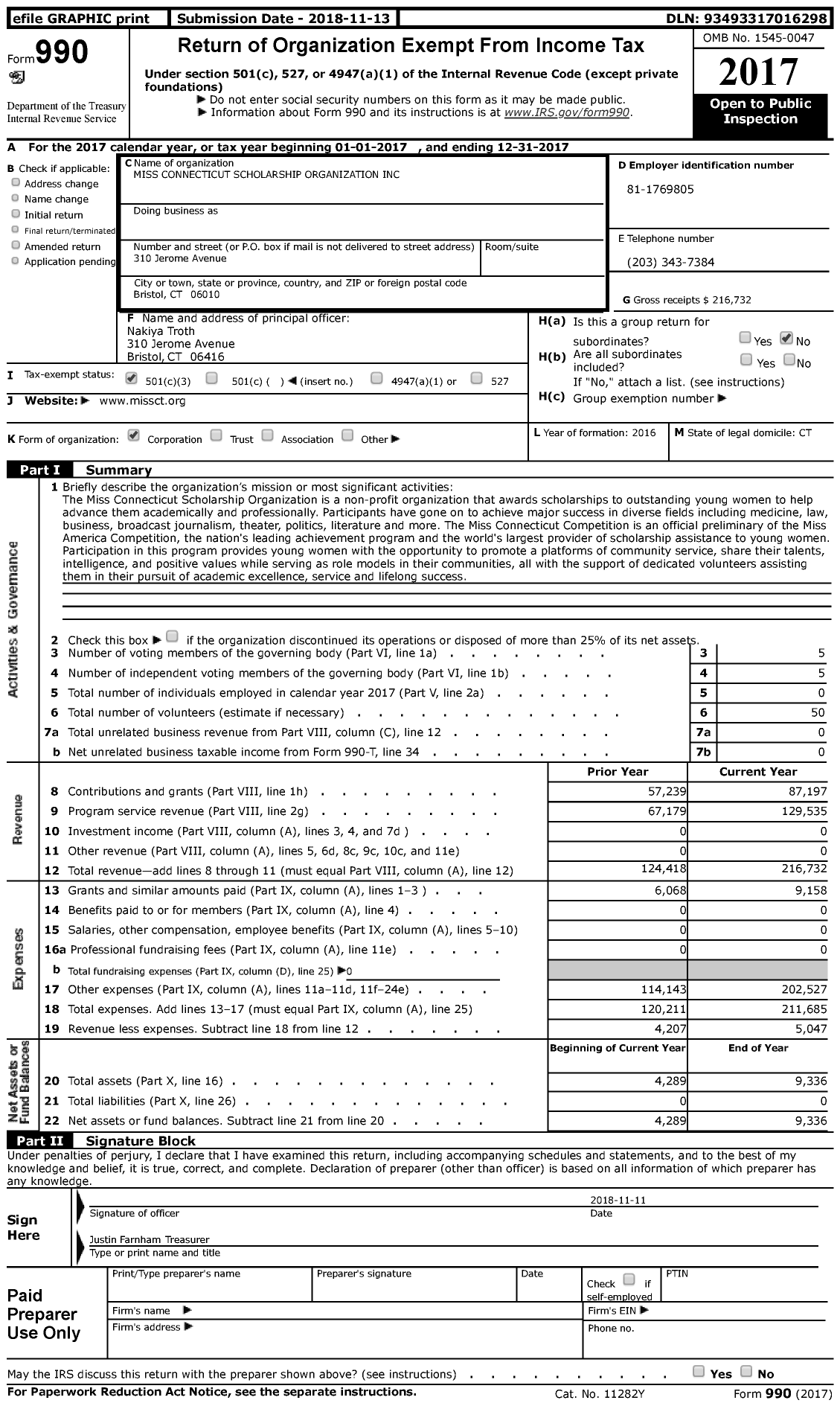 Image of first page of 2017 Form 990 for Miss Connecticut Scholarship Organization