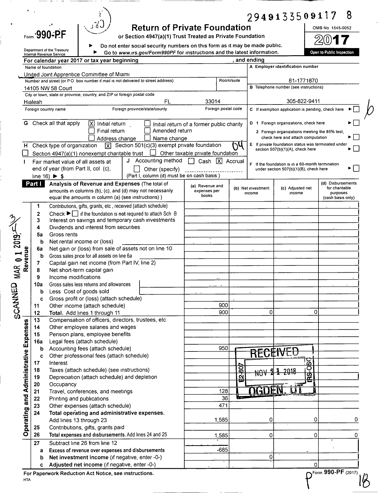 Image of first page of 2017 Form 990PF for United Joint Apprentice Committee of South Florida